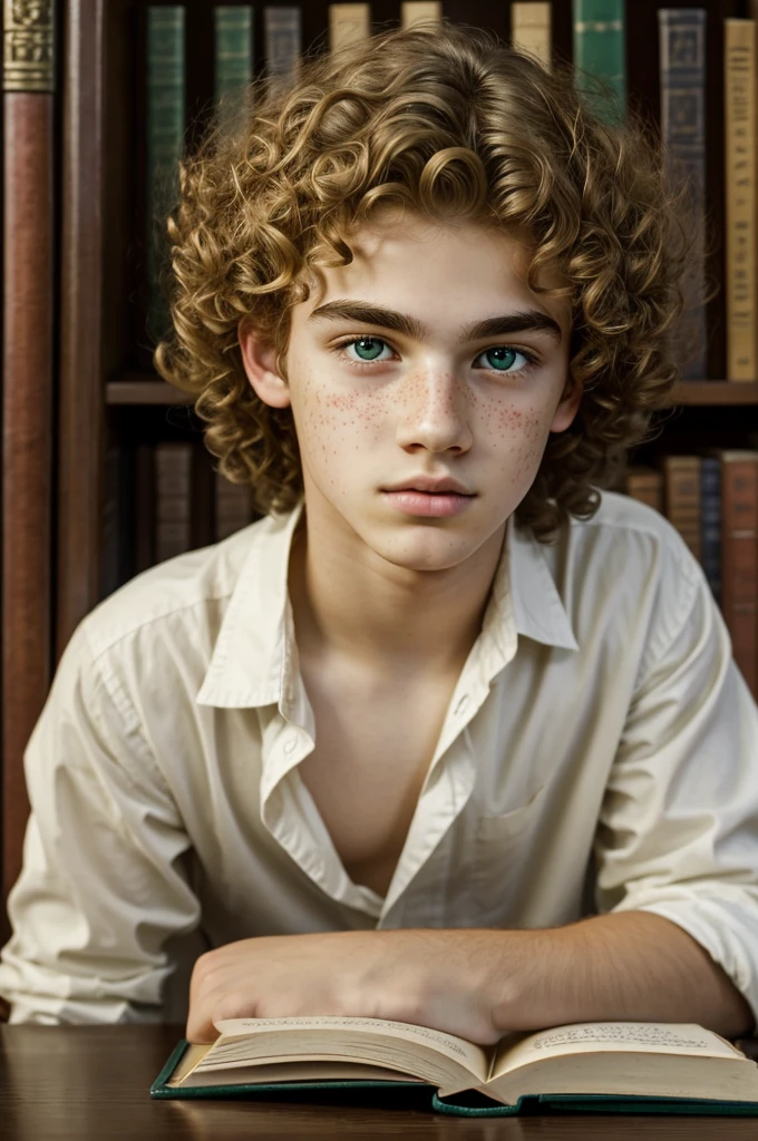 Young boy of 17 years, greek god face, with strong green eyes and freckles, white. curly hair, little volume but short honey color, kissable lips in a gloomy library, thin eyebrows
