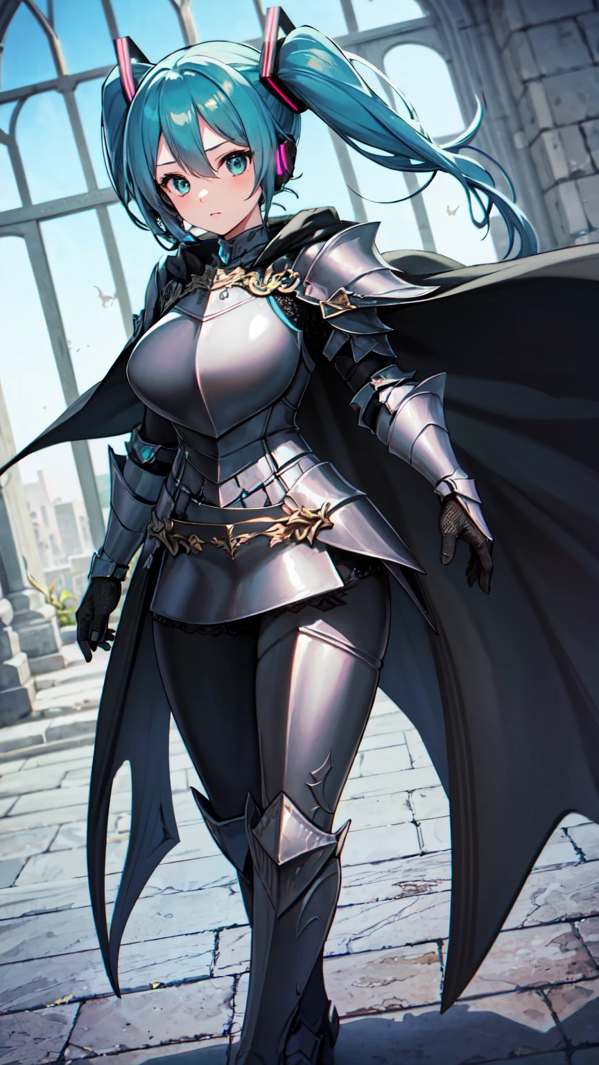 Masterpiece, Top Quality, 8K Hatsune Miku VOCALOID, 1Woman, Big Breasts, Equipped with a Cloak, ((Dragon Armor)), {{Full Armor}}, ((Knight Armor)), Black Tights, Church