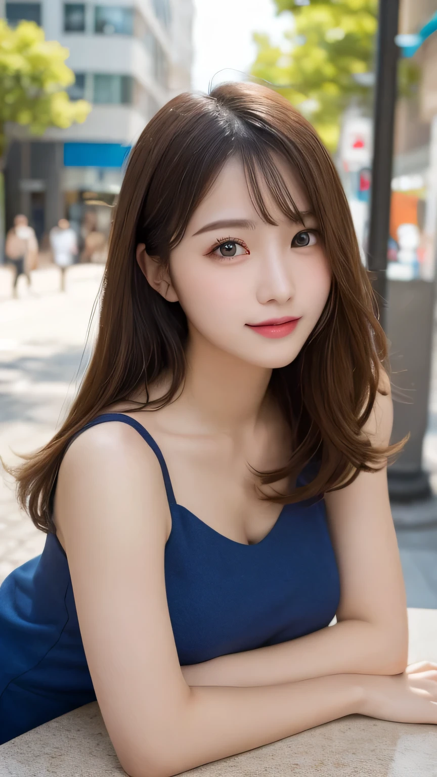 On the table, Highest quality, shape, Very detailed, Finer details, High resolution, 8k wallpaper, Perfect dynamic composition, Beautiful and delicate eyes, pain,Medium Hair, Big Breasts, Natural color lips, Casual and sexy pose,smile,Aoyama Pedestrian Street、Sleeveless dress、20-year-old girl、Slim shape