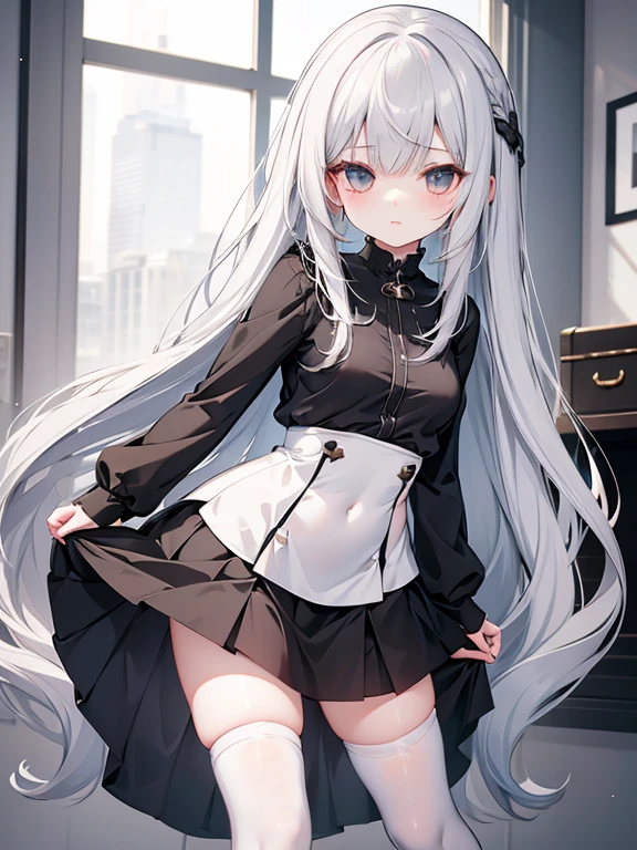 best quality, ultra precision, 1girl, cute, , young, boyish, childish, small breasts, silver hair, cat ears, blue eyes, beautiful eyes, girl, ecstasy, sailor collar, estrus, metestrus, start to undress, naughty mood, she loves you, lost virgin, virgin, blush, beutiful skin big bow on chest I'm not wearing pantieLUE SWEATER, BLACK SHIRT, SHIRT UNDER SWEATER, OFF SHOULDER TOP)