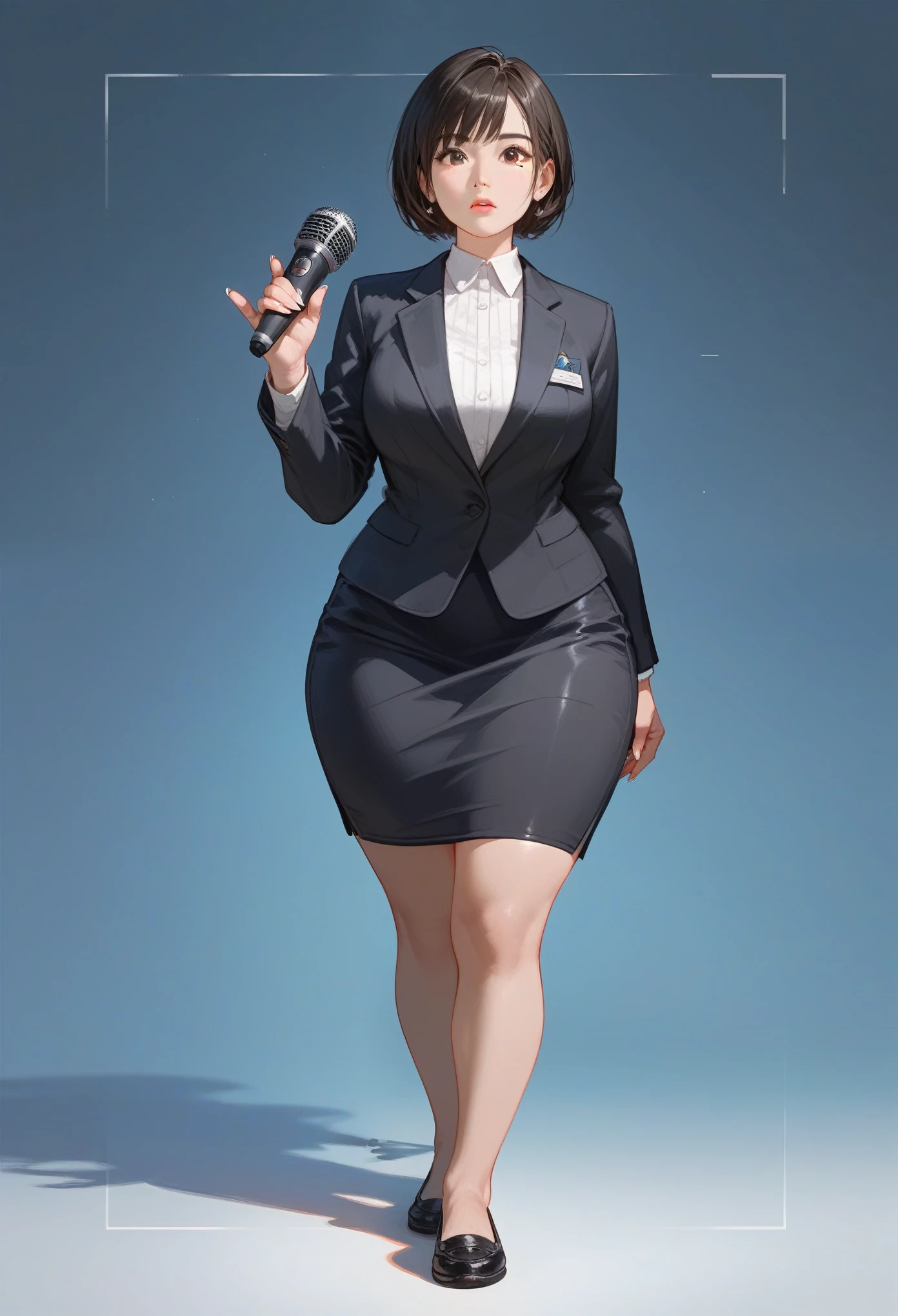 (score_9,score_8_up,score_7_up) 1lady asian, solo, mature female, (black short hair), bob hairstyle, bangs, almond eyes, (suit), tight black blazer, (tight pencil_skirt), blank expression, pale, ((thick thighs)) ((flatshoes, black footwear))  ((wide hips)) standing upright, full body shown, holding microphone, news reporter, busty, thick legs, thick thighs pressed together, asian woman, hourglass bodyfigure, staring at camera, asian details, facing forward, detailed face, staring, long fingernails, natural nails