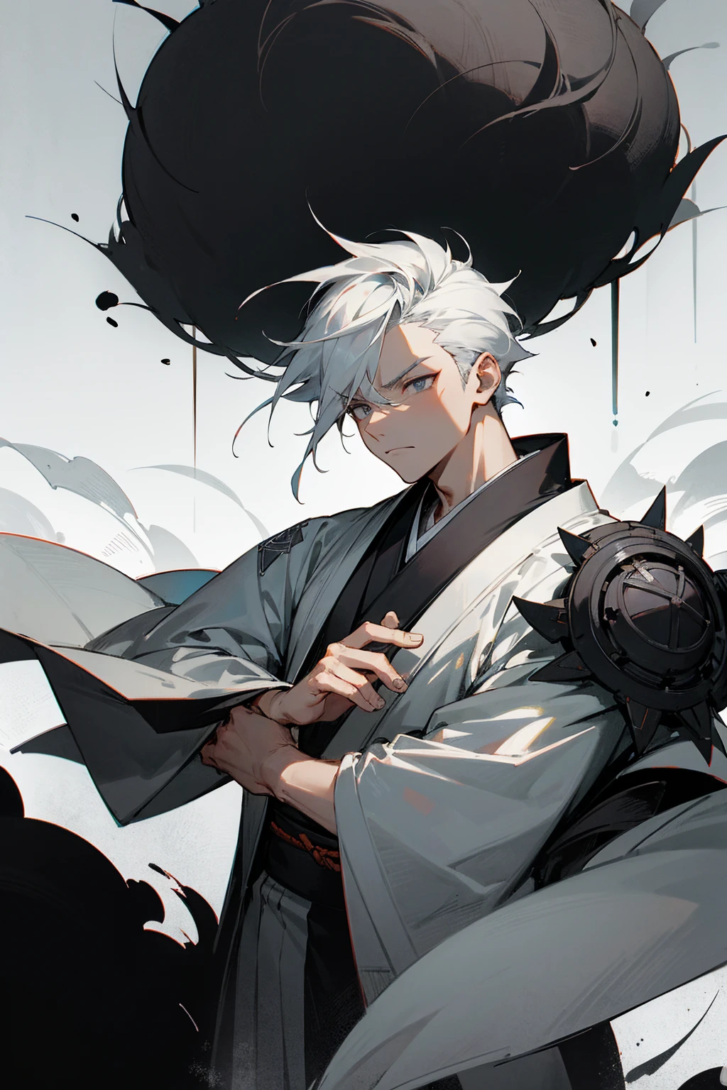 1male, man, black and white hair, half colored hair, spiked back hair, calm expression, grey eyes, black and white yukata, japanese battlefield background, hands to side, detailed face, standing on path