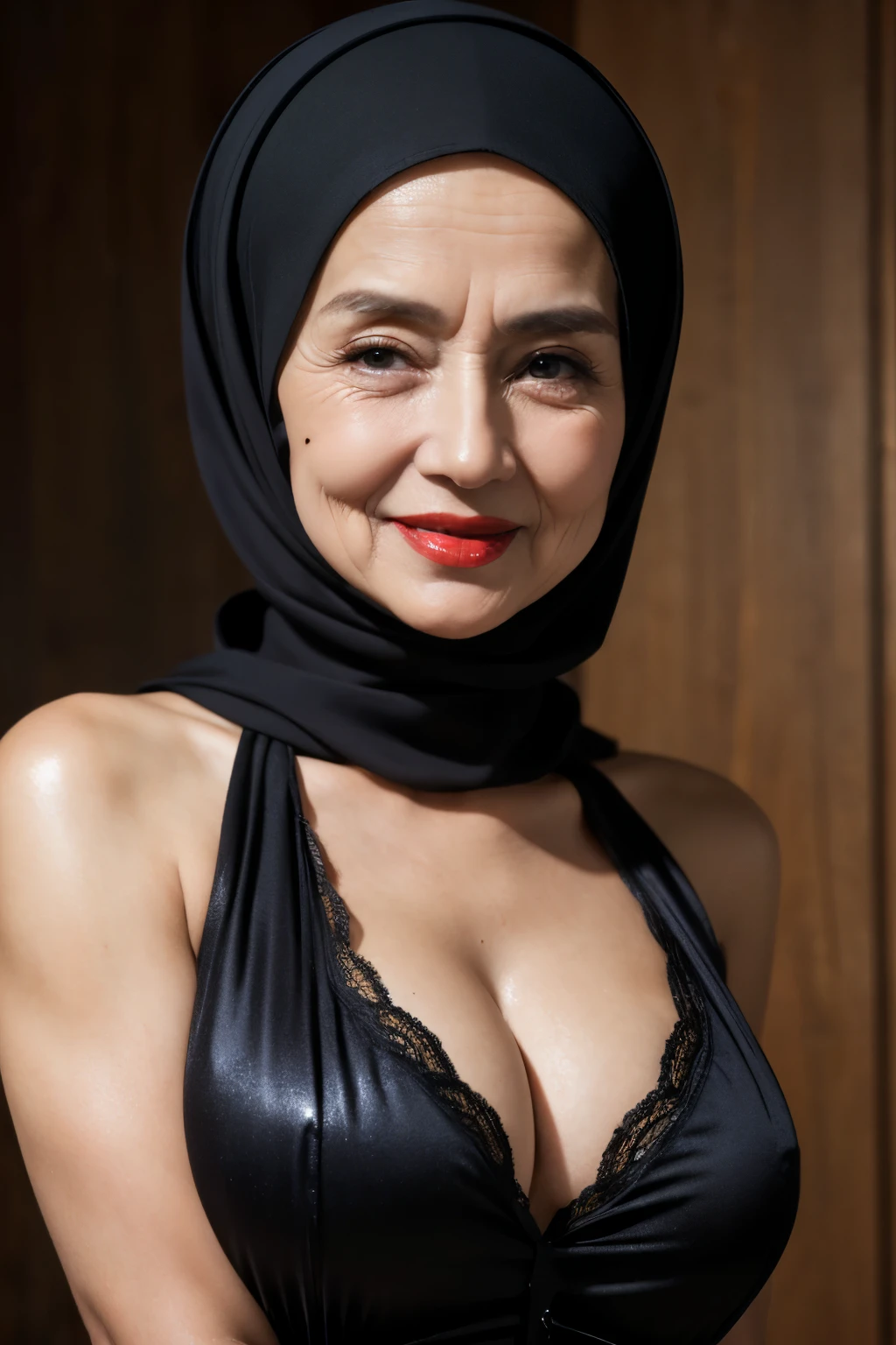 ((Naked red lips)), ((Old Lady :1.5)), (((VERY SHINY SKIN))), Very cute like a Matured Lady, ((Stylish Hijab)), adorable, 2 girl, 55 years old, baby face, shy, half body portrait,smile,  (face details: 1), (eye details: 1), ((round large breasts, cleavage)). Cute posed. proportional body. (Black skin :1)