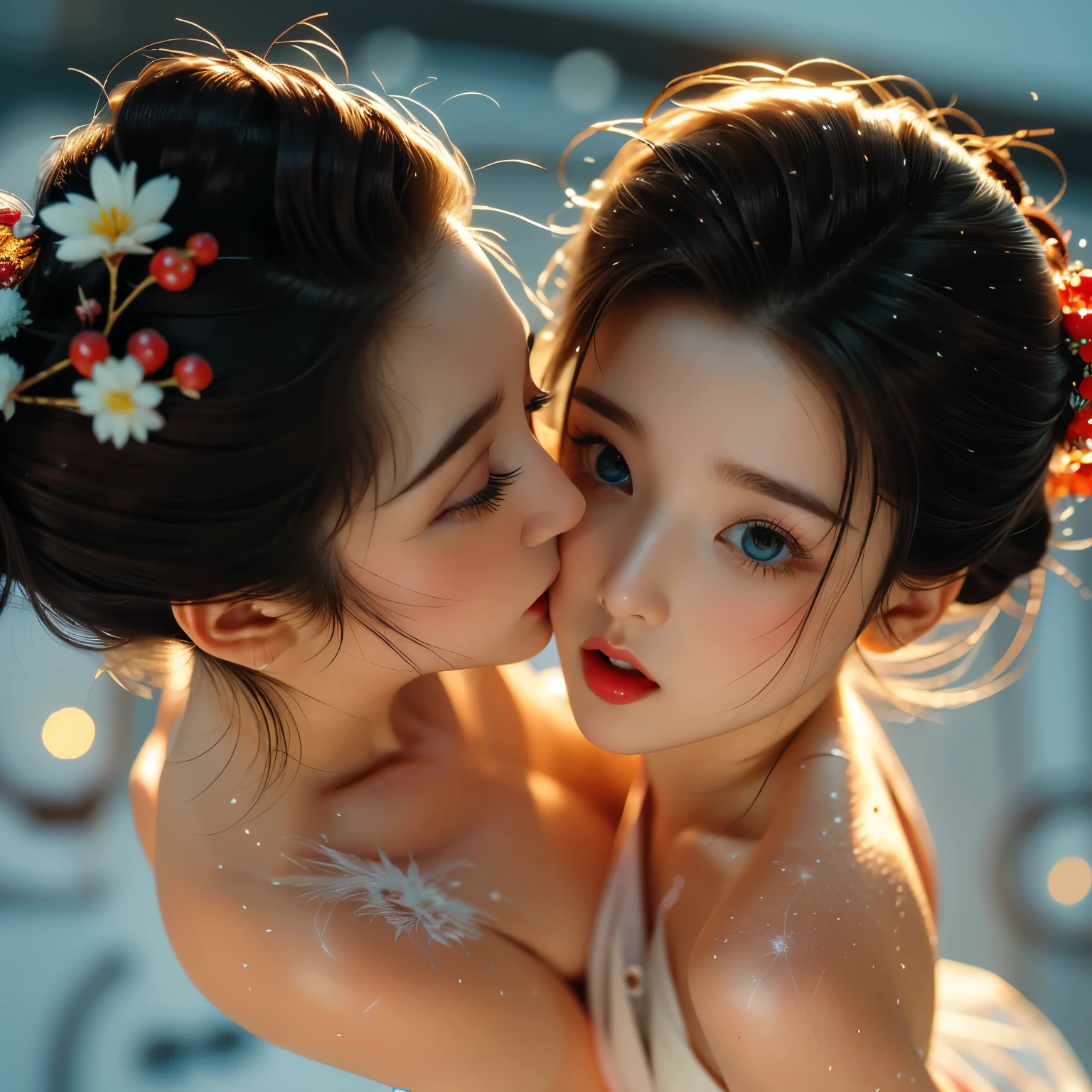 ExtremelyDetailed Kawaii Face of a TinyGirl, (Close-up Sweet lips) glossy lips with beautiful details, (Coquettish tongue Moving as if (Kissing) to camera), an extremely delicate and beautiful (8K TopQuality Masterpiece of Ultra-detailed(ProfessionalPhoto:1.37)), {Amazing|finely detail|official art|incredibly absurdres} (close-up:1.22), fish eye lens (wide lens) macro lens, Detailed reflective Eyes ElaboratePupils with (sparkling highlights:1.28) (Delicate Voluminous LongEyelashes:0.88), {(from Above:1.28)|Visible back of throat|String of saliva drip|(naked shoulder:1.32)}, (Dripping juice on tongue:1.23) snow particles
