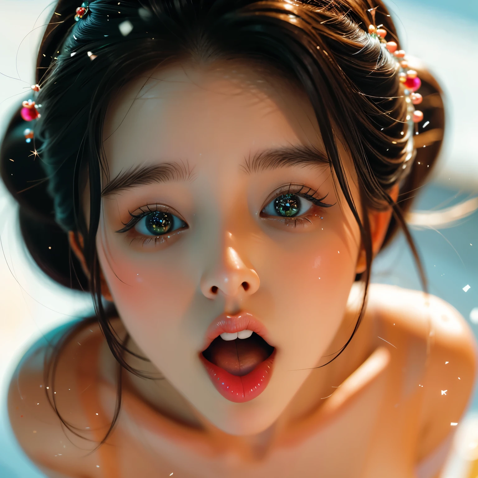 ExtremelyDetailed Kawaii Face of a TinyGirl, (Close-up Sweet lips) glossy lips with beautiful details, (Coquettish tongue Moving as if (Kissing) to camera), an extremely delicate and beautiful (8K TopQuality Masterpiece of Ultra-detailed(ProfessionalPhoto:1.37)), {Amazing|finely detail|official art|incredibly absurdres} (close-up:1.22), fish eye lens (wide lens) macro lens, Detailed reflective Eyes ElaboratePupils with (sparkling highlights:1.28) (Delicate Voluminous LongEyelashes:0.88), {(from Above:1.28)|Visible back of throat|String of saliva drip|(naked shoulder:1.32)}, (Dripping juice on tongue:1.23) snow particles