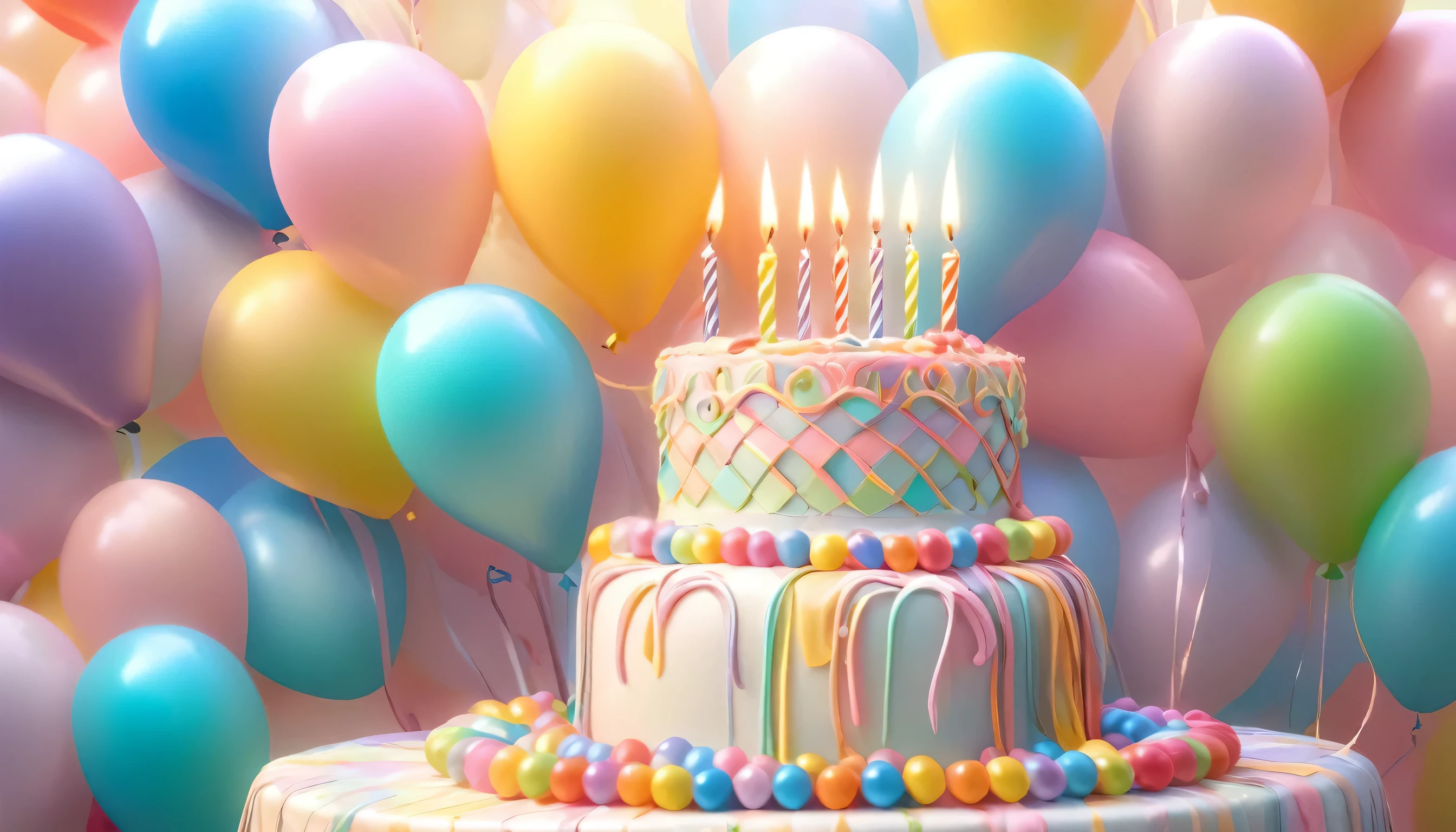 birthday party,balloons,colorful birthday cake,presents,smiling,warm lighting,soft pastel colors,intricate details,delicate textures,photorealistic,cinematic lighting,ultra-detailed,masterpiece,professional digital art,vibrant colors