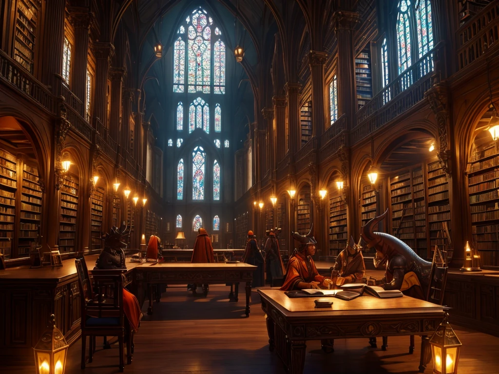 a fantastical old library, majestic, huge, bioluminescent mineral gems illuminating the interior, large stained glass window in the background, desks and chairs, (best quality,8k,highres,masterpiece:1.2),ultra-detailed,realistic,photorealistic,photo-realistic:1.37,ornate,medieval,dramatic lighting,intricate architecture,detailed textures,moody atmosphere,warm colors, with some Librarian Kobolds from a distance in the background, Kobolds, scalie, anthro, kobold female, kobold male, women, men, flat chested, flat breasts, horns  kobold, female, 