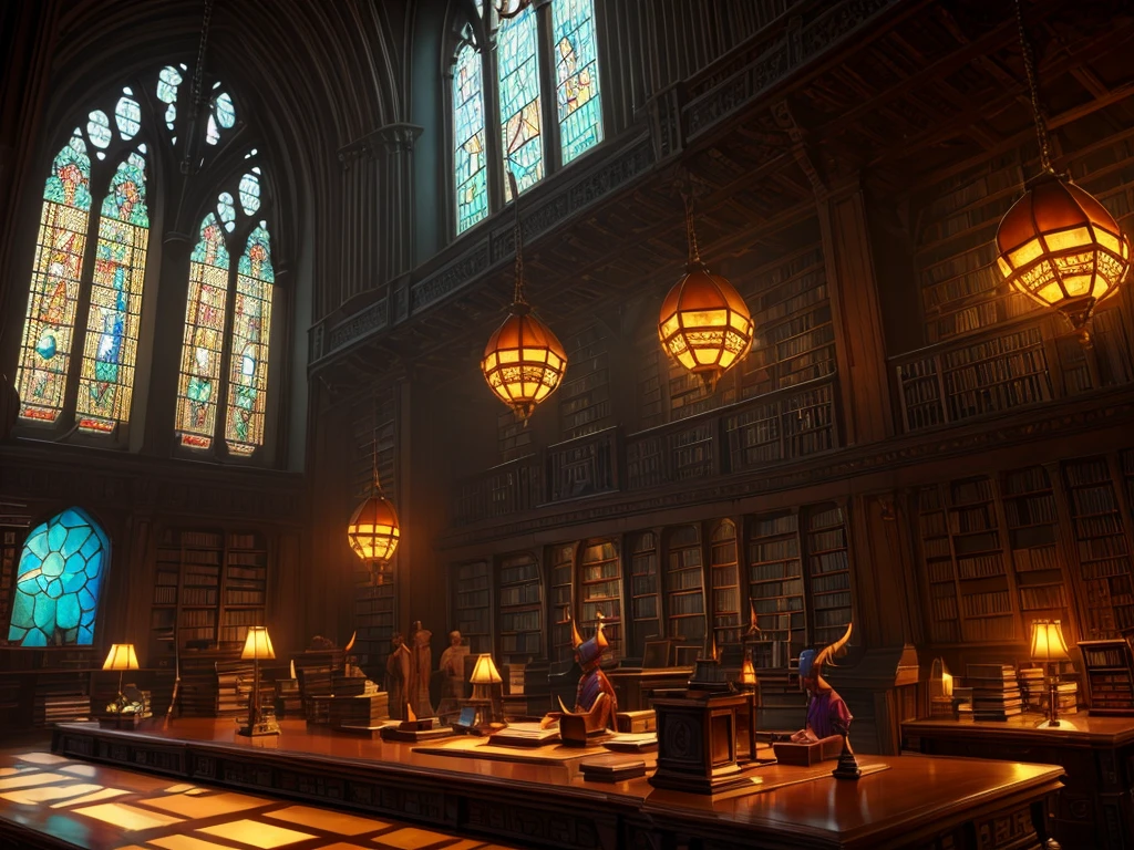 a fantastical old library, majestic, huge, bioluminescent mineral gems illuminating the interior, large stained glass window in the background, desks and chairs, (best quality,8k,highres,masterpiece:1.2),ultra-detailed,realistic,photorealistic,photo-realistic:1.37,ornate,medieval,dramatic lighting,intricate architecture,detailed textures,moody atmosphere,warm colors, with some Librarian Kobolds from a distance in the background, Kobolds, scalie, anthro, kobold female, kobold male, women, men, flat chested, flat breasts, horns  kobold, female, 