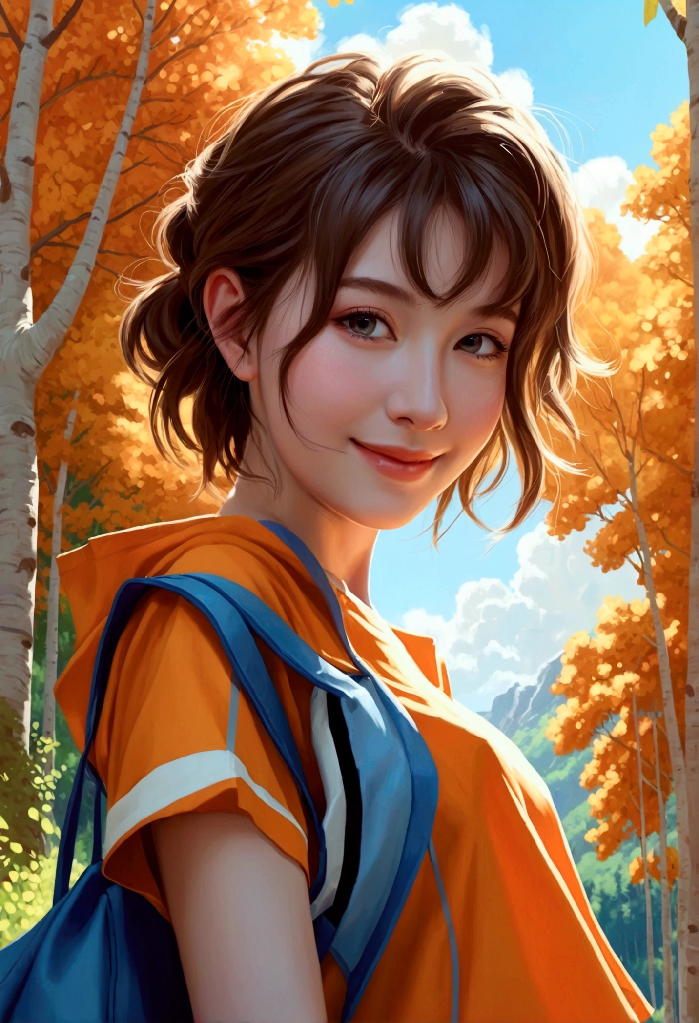 Take a selfie, Fashionista_Summer fashion with a mix of pastel orange and white colors, through a vast and beautiful landscape , Surrounded by lush nature, Extreme low angle full body shot from below_see the view, shining smile, delicate details, brown short hair_ponytail style, pale skin, (best quality, 4K, 8k, high resolution, masterpiece: 1.2), very detailed, (realistic: 1.37), official art, amazing, serene, inspirational, dramatic lighting, forest, (sunny day_blue sky, Clumping clouds), natural beauty,