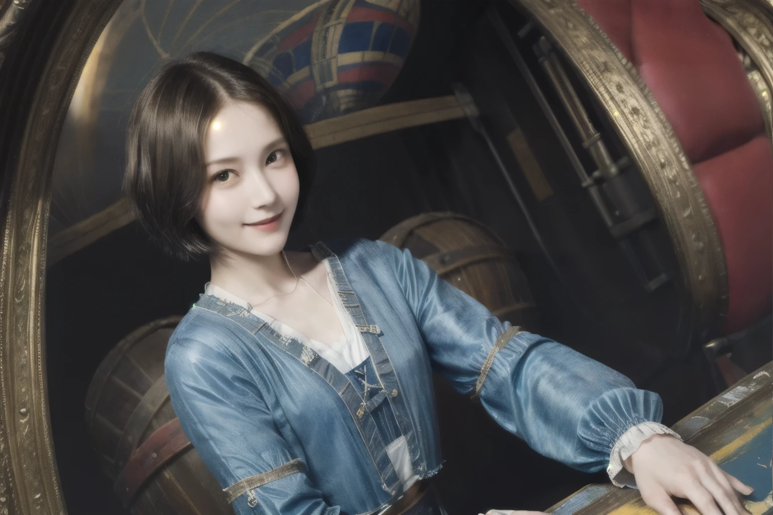 263 20-year-old female,(Short Hair 46),(chest:1.5),Old-fashioned smile,(Paintings by Leonardo da Vinci),(airship,Blueprint)