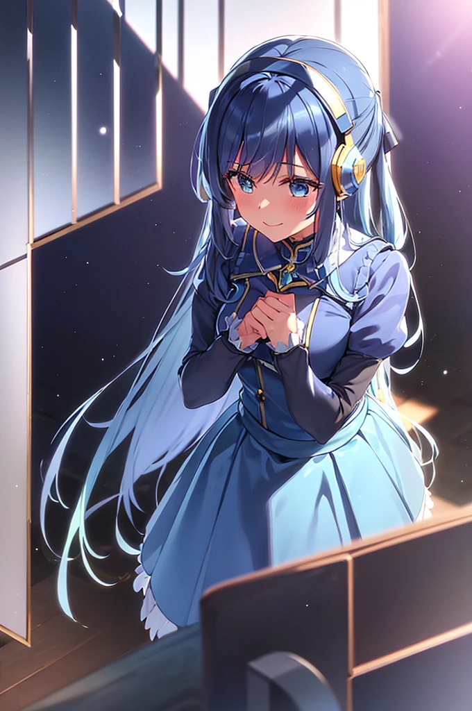 mecha wings、Blue Skirt、Thighs、tights、chest、Twin tails、Blue Hair、1 girl、solo girl、IS、Frame Arms Girl、Alice Gere Aegis、blue armor、income、headphone、hand on own chest、smile、idol woman、idol dress