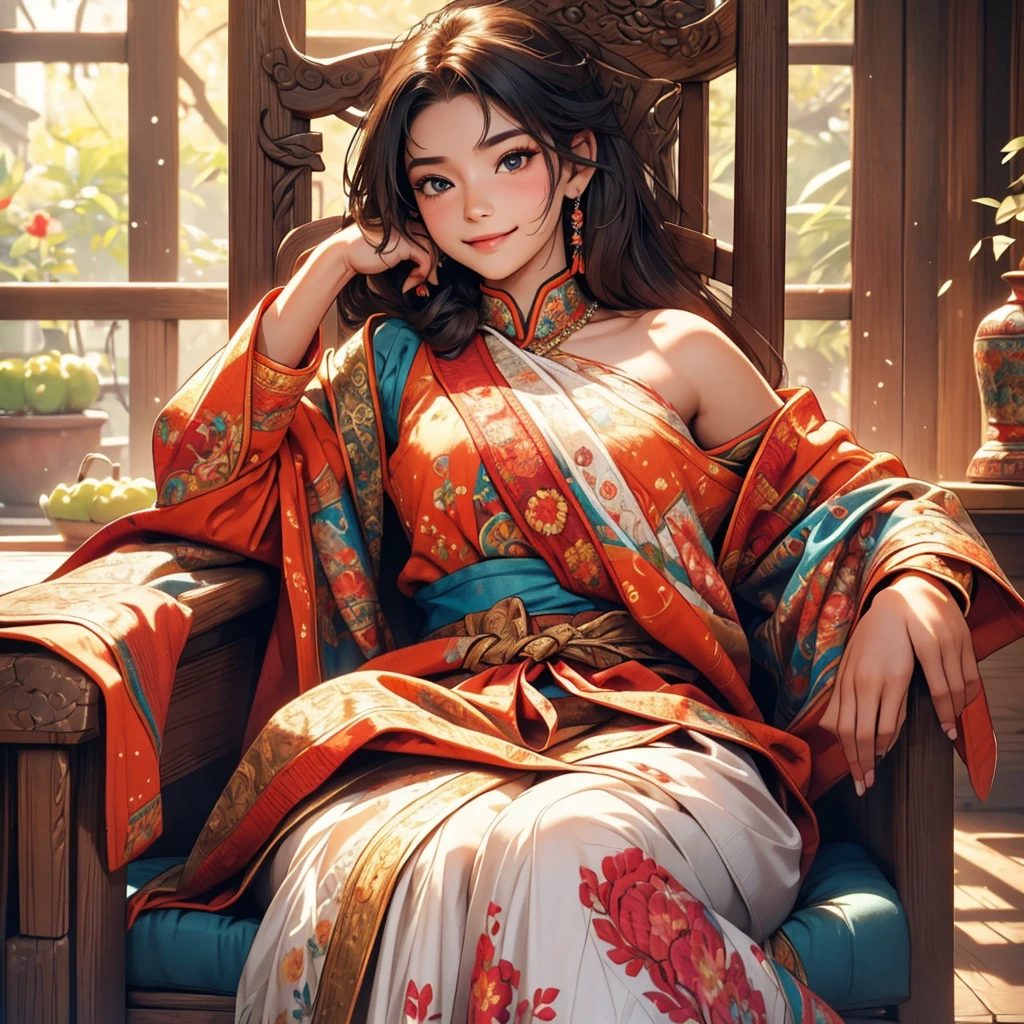 A young girl, , wearing a vibrant traditional ethnic costume with intricate embroidery, sitting on an old wooden chair, smiling, (best quality,4k,8k,highres,masterpiece:1.2),ultra-detailed,(realistic,photorealistic,photo-realistic:1.37),portrait,detailed face,beautiful detailed eyes,beautiful detailed lips,extremely detailed eyes and face,longeyelashes,warm lighting,vibrant colors,soft focus,detailed clothing,traditional culture