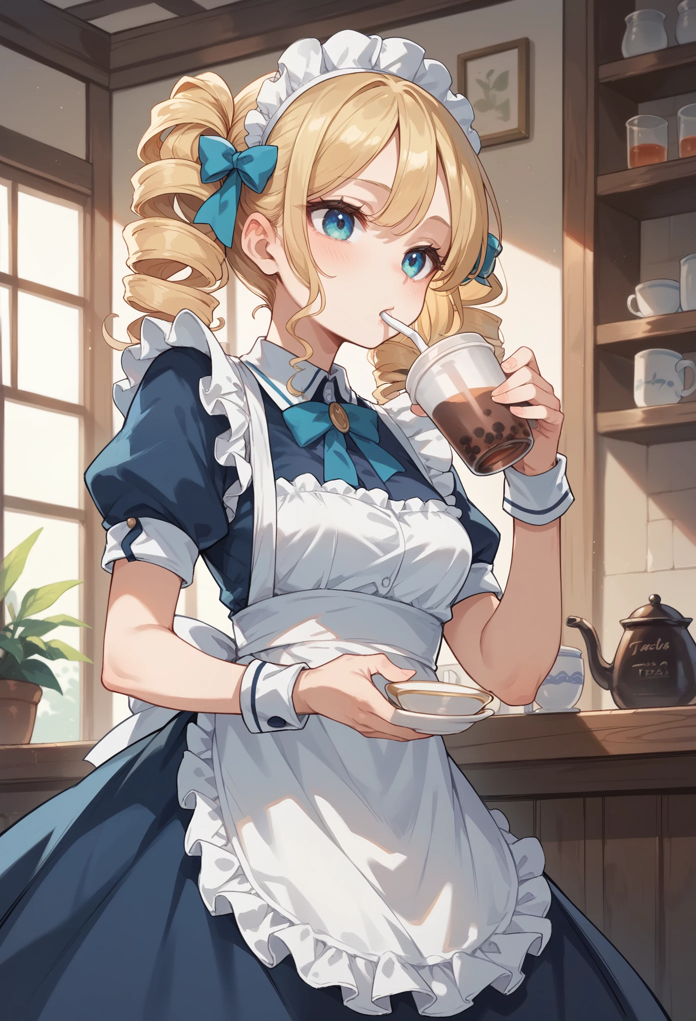 Maid girl drinking tea, During a break, blonde, vertical curls hairstyle, Blue costume with white frilly apron