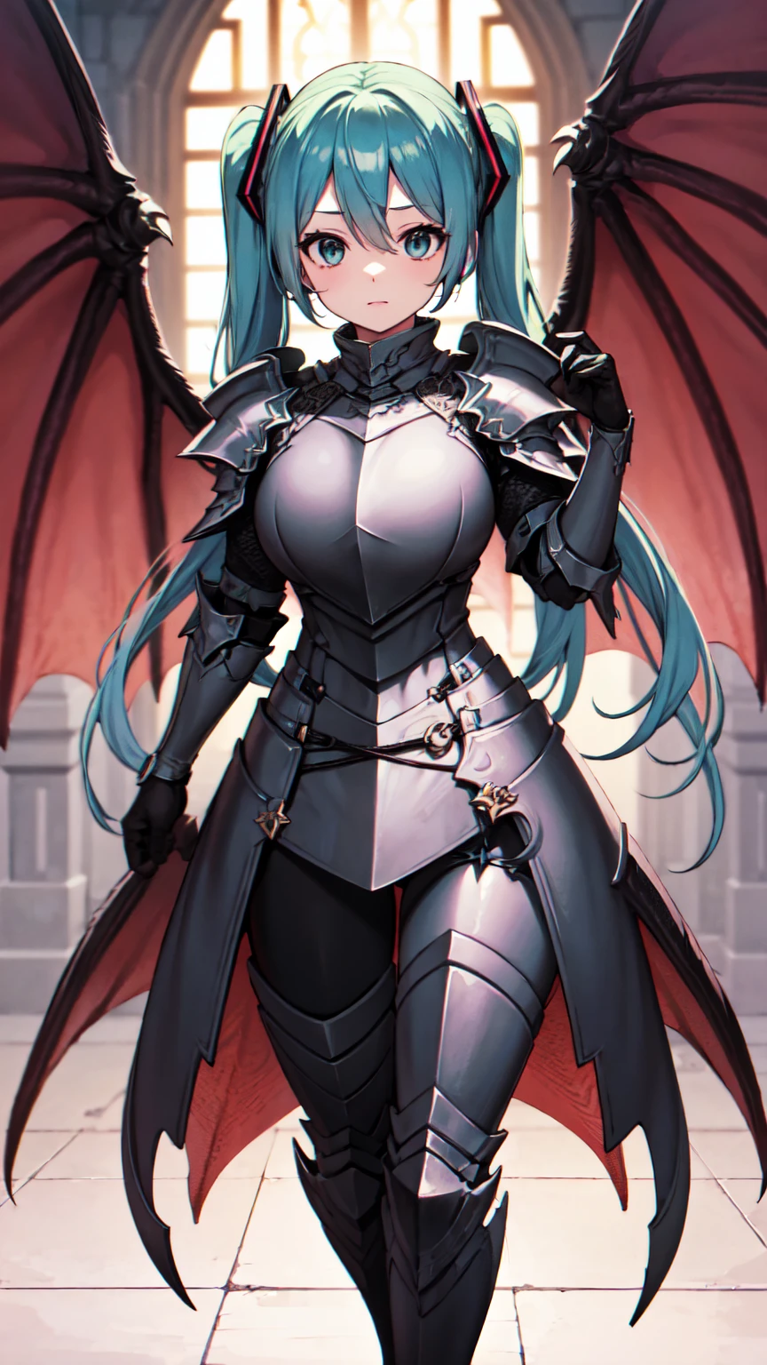 Masterpiece, Top Quality, 8K Hatsune Miku VOCALOID, 1Woman, Big Breasts, Equipped with a Cloak, ((Dragon Armor)), {{Full Armor}}, ((Knight Armor)), Black Tights, Church