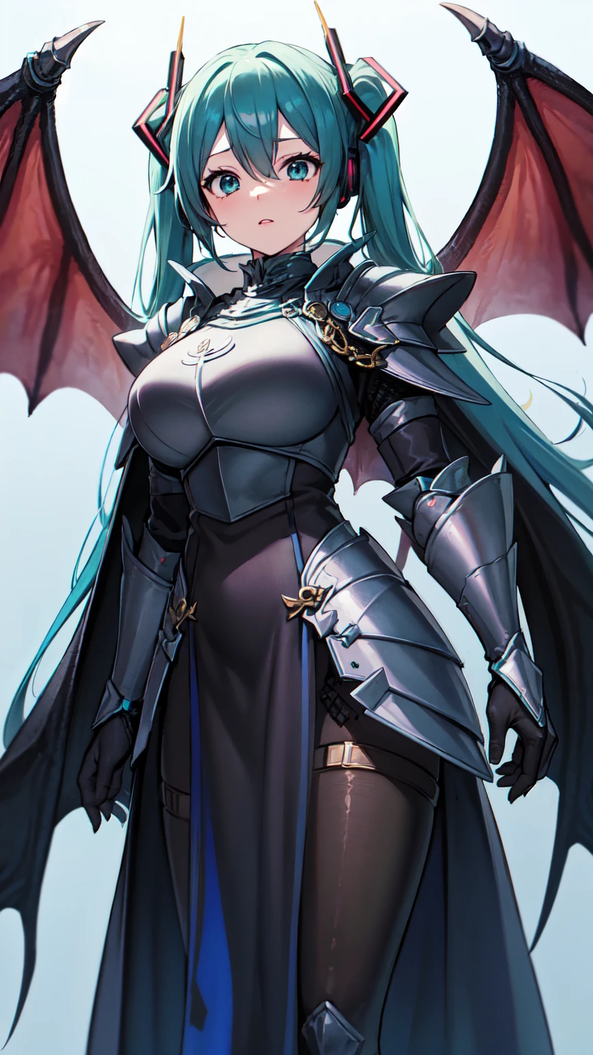 Masterpiece, Top Quality, 8K Hatsune Miku VOCALOID, 1Woman, Big Breasts, Equipped with a Cloak, ((Dragon Armor)), {{Full Armor}}, ((Knight Armor)), Black Tights, Church
