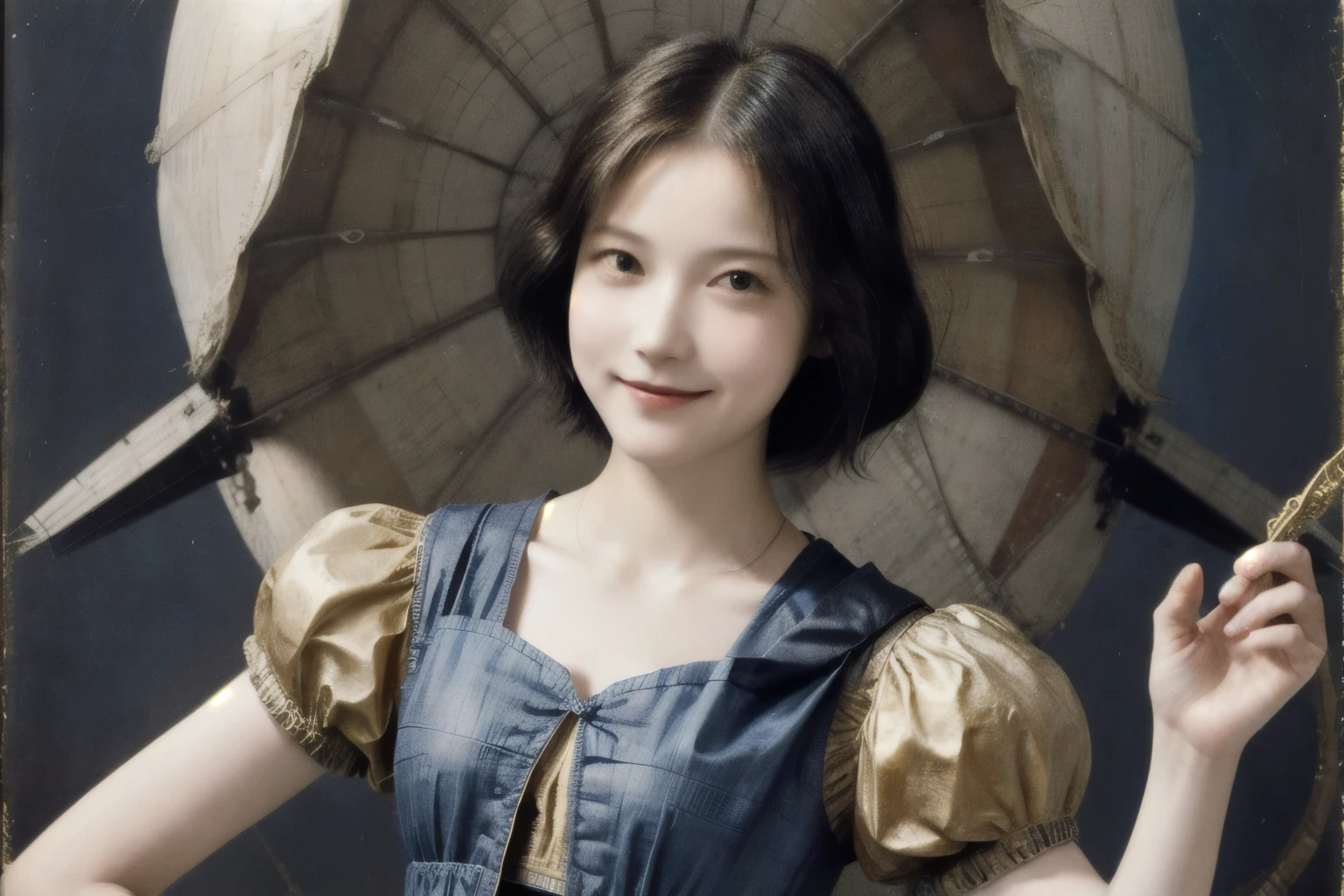 263 20-year-old female,(Short Hair 46),(chest:1.5),Old-fashioned smile,(Paintings by Leonardo da Vinci),(airship,Blueprint)