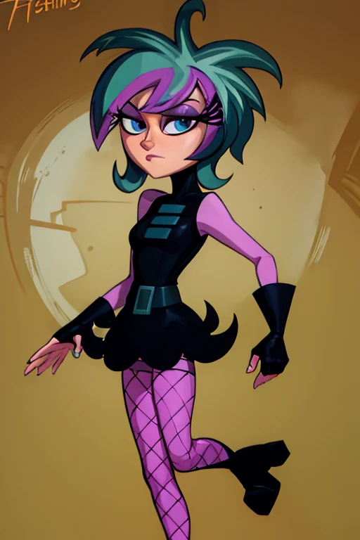 (Masterpiece, Best Quality:1.2), Alone, 1 girl, Modlacey, SMILE, looking at the viewer, arms behind head, dress, long sleeves, Gloves without fingers, purple pantyhose, fishnet stockings