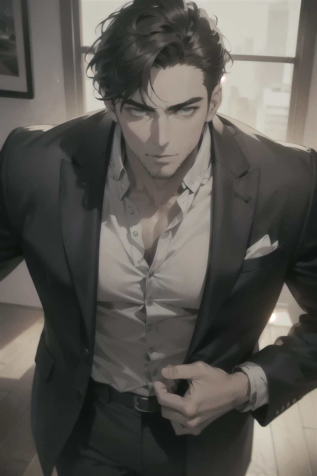 (Best Quality,4k,8k,High resolution,masterpiece:1.2),ultra detailed,(realist,photorealist,photo-realist:1.37),1 man,31 years,mature man,high,Big eyebrows,adult,very handsome,big body,muscular,without expresion,short gray black hair,blue eyes,glare,perfect face without mistakes,imposing posture,cinematic lighting,imagen HDR