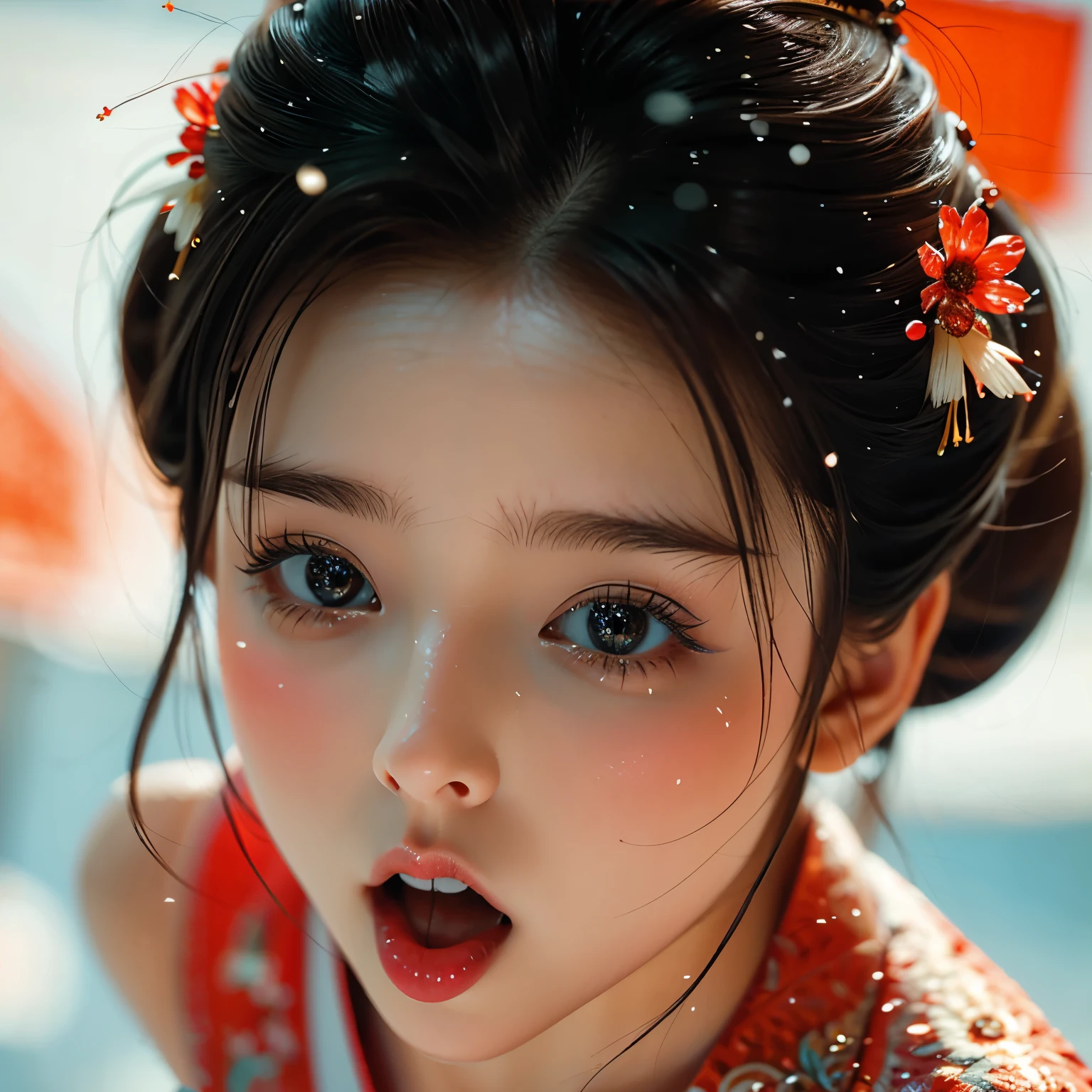 ExtremelyDetailed Kawaii Face of a TinyGirl, (CloseUp of Sweet Inner Mouth) glossy lips with beautiful details, Coquettish tongue Moves as if Kissing(Kissing to camera), extremely delicate and beautiful (8K TopQuality Masterpiece of Ultra-detailed(ProfessionalPhoto:1.37)), {Amazing|finely detail|official art|incredibly absurdres} (close-up:1.22), fish eye lens (wide lens) macro lens, Detailed reflective Eyes ElaboratePupils with (sparkling highlights:1.28) (Delicate Voluminous LongEyelashes:0.88), {(from Above:1.28)|Visible back of throat|String of saliva drip|(naked shoulder:1.32)}, (Dripping juice on tongue:1.23) snow particles