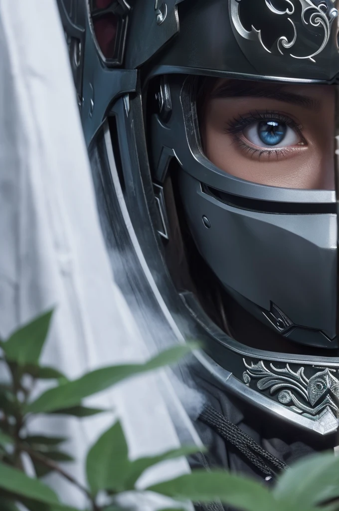 a sserafimsakura, Perfect Eyes, (Ultra-realistic:1.5), (Standing in the forest:1.2), (Close-up photo:1.5), (Black Paladin Armor:1.2), (Complex:1.2), (looking at the camera:1.2), (Highest quality:1.2), 