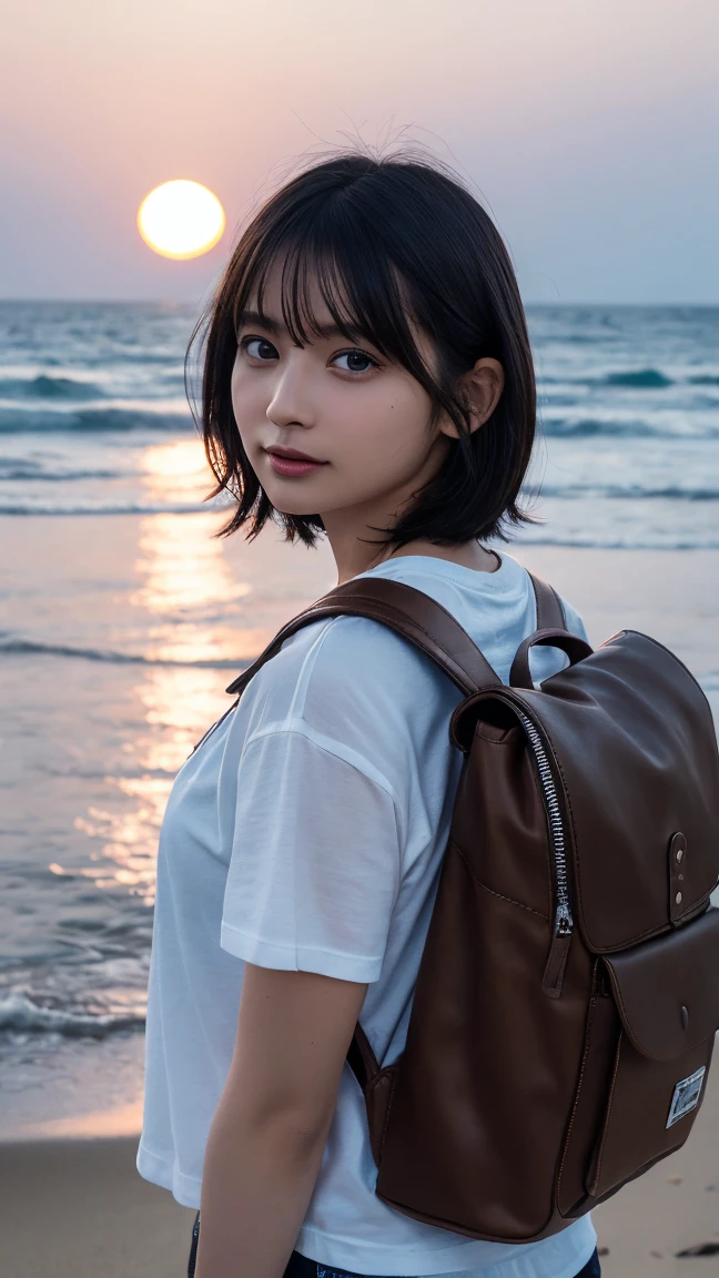 Highest quality, masterpiece, Ultra-high resolution, (Realistic:1.3), RAW Photos, (Nature landscape photography), (Majestic Ocean, Wave), (Very wide beach), (sunset), (One Girl), (Upper Body), (20-year-old), (smile:0.9), (Glowing Skin), (short hair, Dark brown hair), (White T-shirt), (Casual shorts), (Carry a large backpack on your back), (Ultra detailed face), (Super beautiful poop), (Highly detailed eyes), (Highly detailed nose), (Highly detailed mouth), (Very skilled hands), (Super-detailed body), Sony a7, 85mm lens, f9.0, Pan Focus