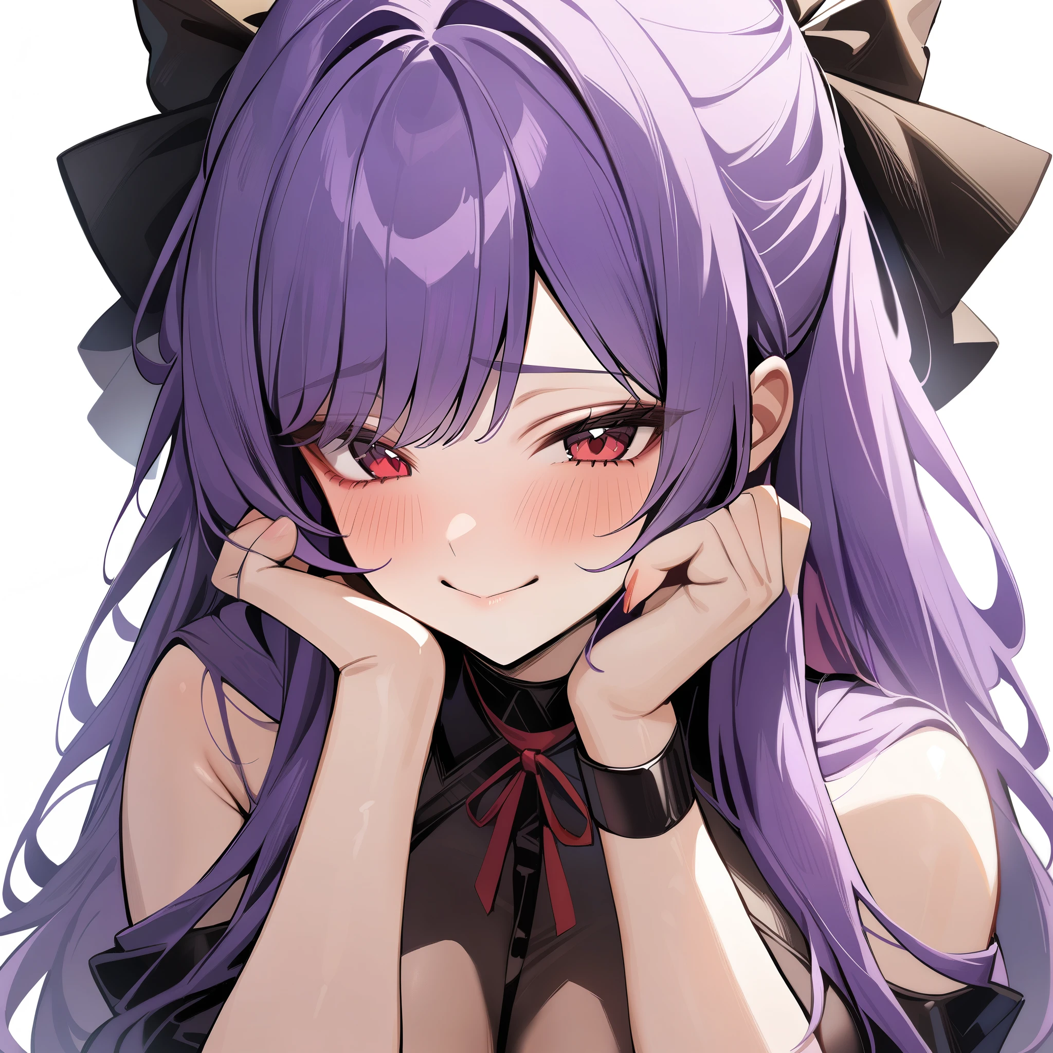 1girl, white background, red eyes, long hair, purple hair, bangs, call girl costume, closed mouth, smile, blush, masterpiece, best quality, very aesthetic, absurdres
