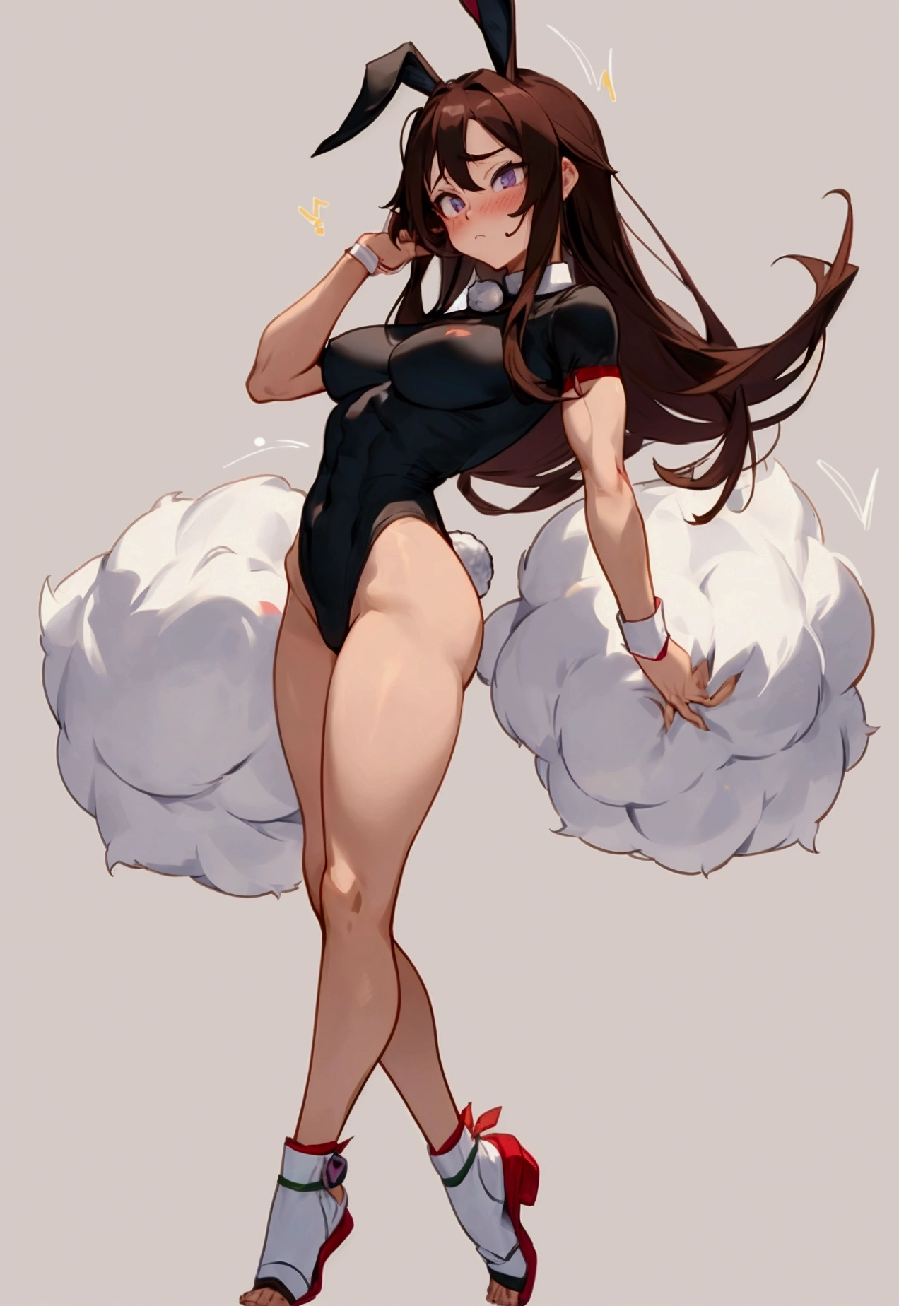 Make me the character of Rumi Usagiyama from My Hero Academia, the girl with rabbit powers with rabbit ears and a round, fluffy white rabbit tail like her hair, who has a sexy and athletic body but not so muscular, thighs and buttocks, neither too big nor too small, her breasts neither too big nor too small, her face is flushed with a shy and embarrassed expression. She is dressed in a short but loose t-shirt with her abdomen exposed showing her skin and with violet panties and they give me a full body image, her irises are a wine red color and her skin is a light brown tone.