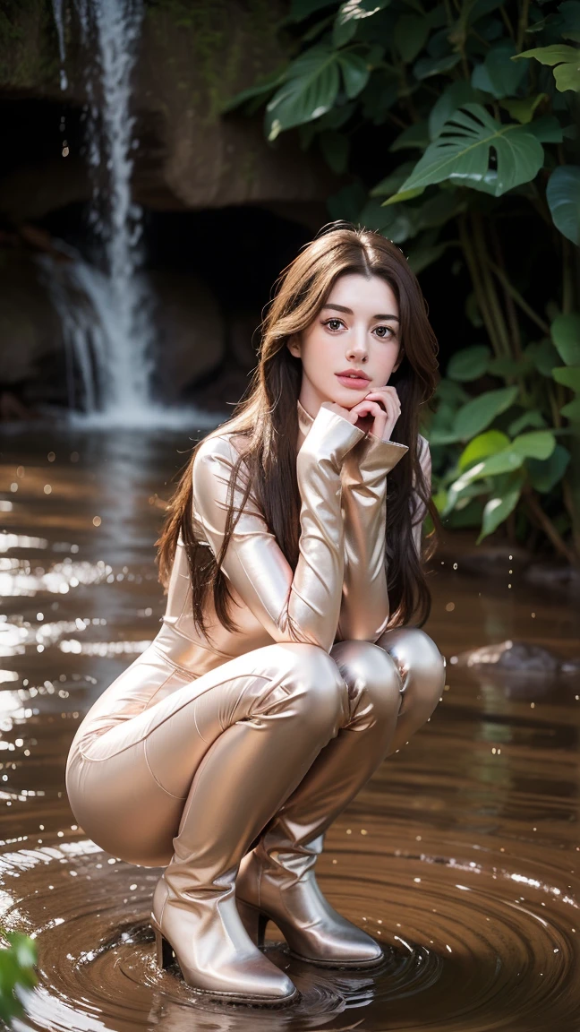 Young Anne Hathaway has long brown hair,Wearing a pink shiny full body suit,Full breasts,Long legs,High-heeled over-the-knee boots,Wear a belt,Crouching in the mud under the waterfall,Water flows from head to toe,The body is covered with water droplets,Wet hair,Full body picture,Realistic