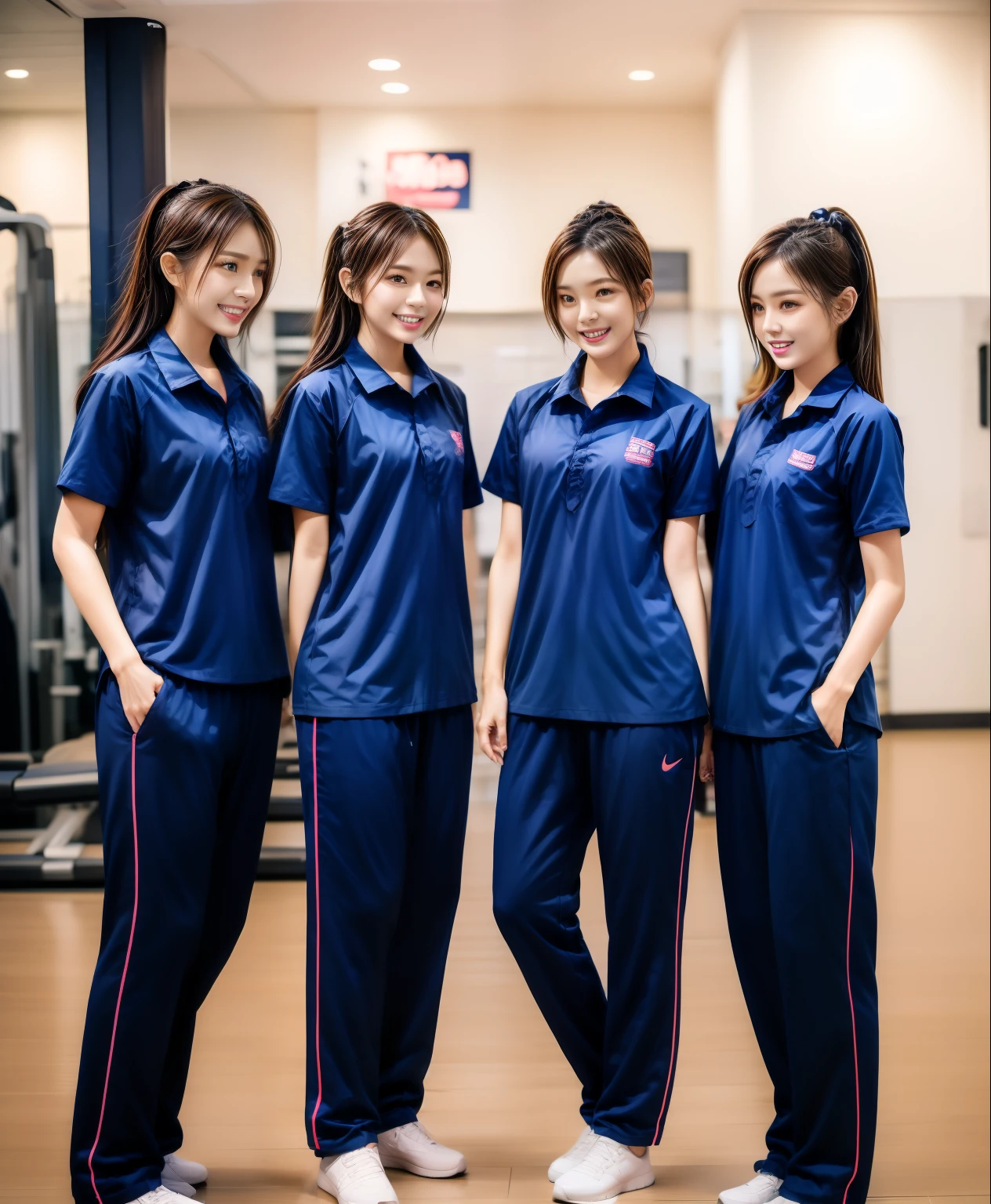 3 girls in fitness center, Navy blue short-sleeved shirt,Navy Long Trackpant,Sweatpants, Sweatpantsขายาว,25 year old girl, lesbian, sexy, exercise clothes, wet body, exercise clothes