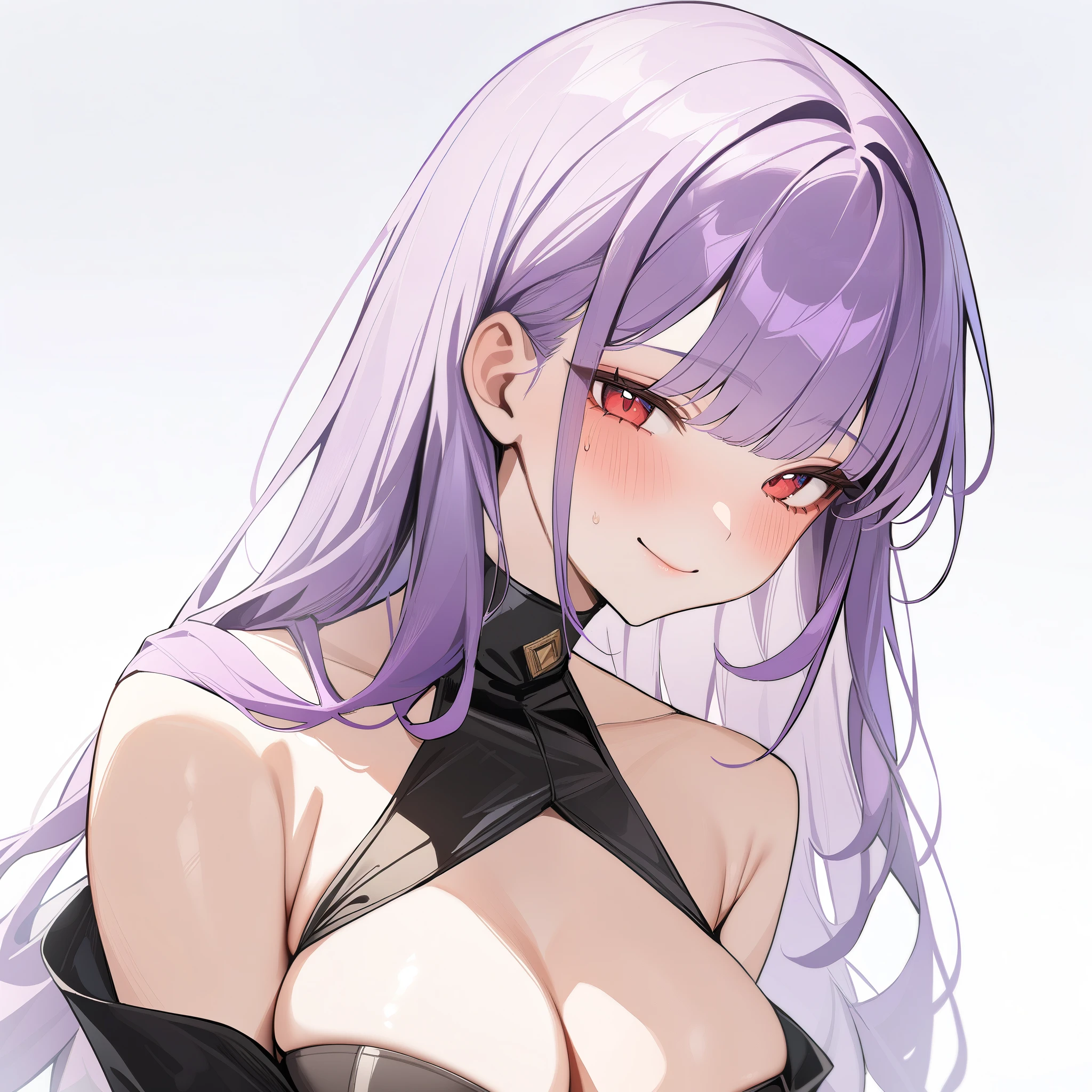 1girl, white background, red eyes, long hair, purple hair, bangs, call girl costume, closed mouth, smile, blush, masterpiece, best quality, very aesthetic, absurdres
