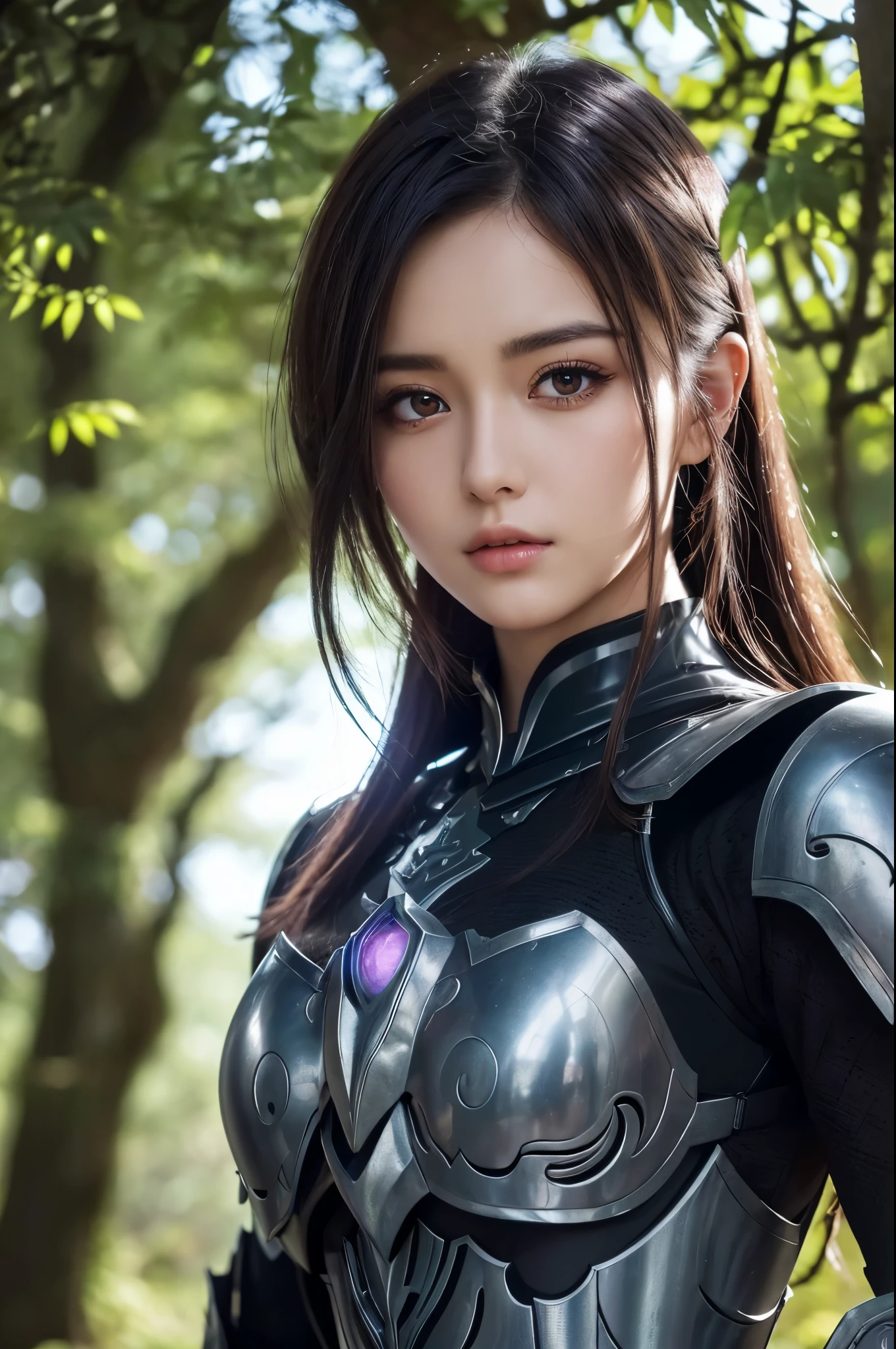 a sserafimsakura, Perfect Eyes, (Ultra-realistic:1.5), (Standing in the forest:1.2), (Close-up photo:1.5), (Black Paladin Armor:1.2), (Complex:1.2), (looking at the camera:1.2), (Highest quality:1.2),