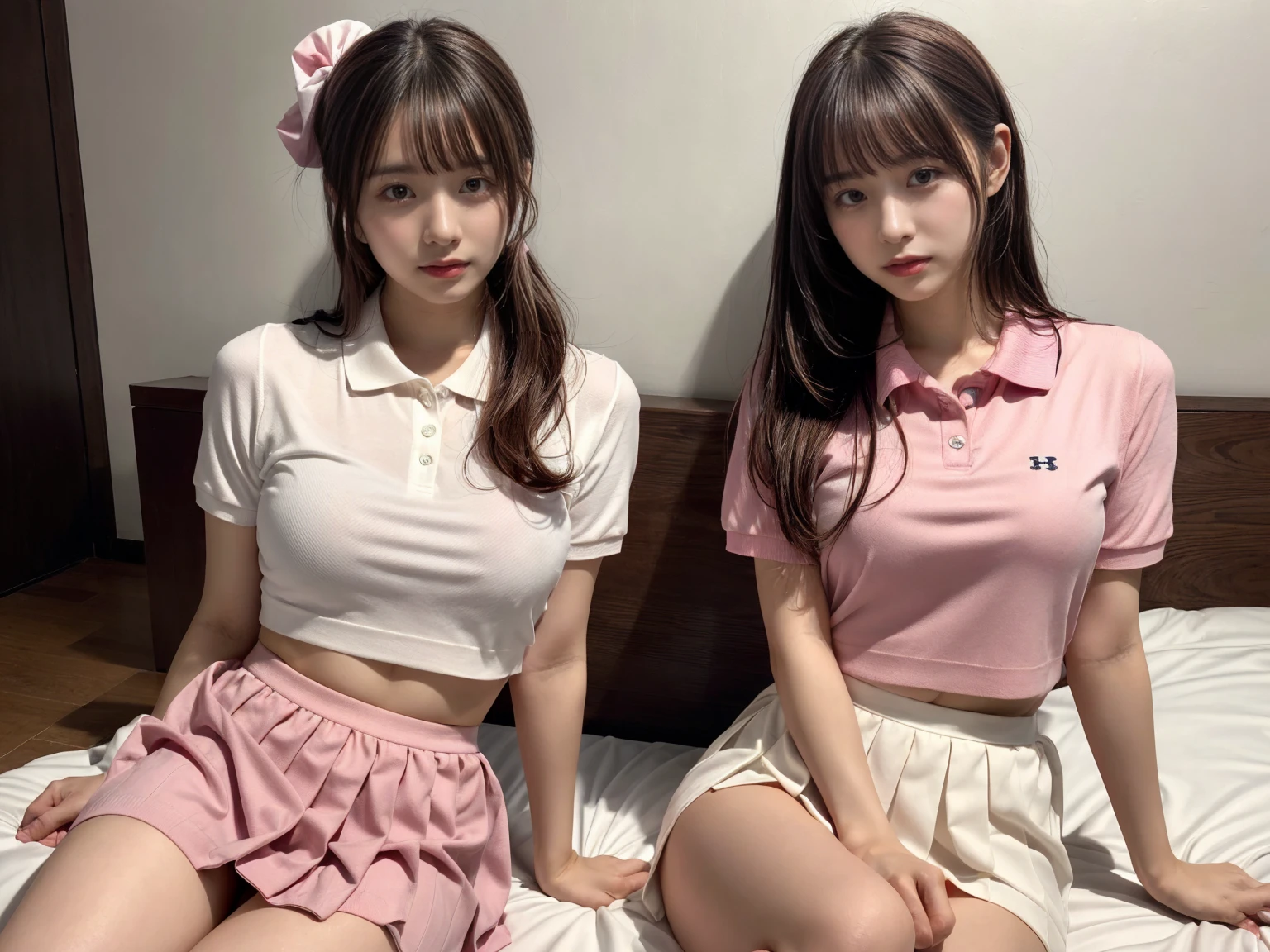 masterpiece, best quality, illustration, Super detailed, fine details, High resolution, 8K,wall paper, perfect dynamic composition,(Details High quality, realistic depiction of eyes:1.3), (2 girls), BREAK (white theme:1.4), (tucked-out short sleeve white polo shirt:1.4), (pink lines on tops outline:1.3), (pure white pleated mini skirt:1.3), (hem of top covers top half of skirt:1.3), (pink fluffy scrunchie on wrist:1.3), (white and pink sports shoes:1.2), sitting, open legs, short bob hair, in a hotel room in the background, deep on field, (large breasts:1.2), black hair color, Big Natural Color Lip, (perfect body shape), crying a little、Harajuku style、20 year old girl、cute type、beautiful legs, Gravure Idol