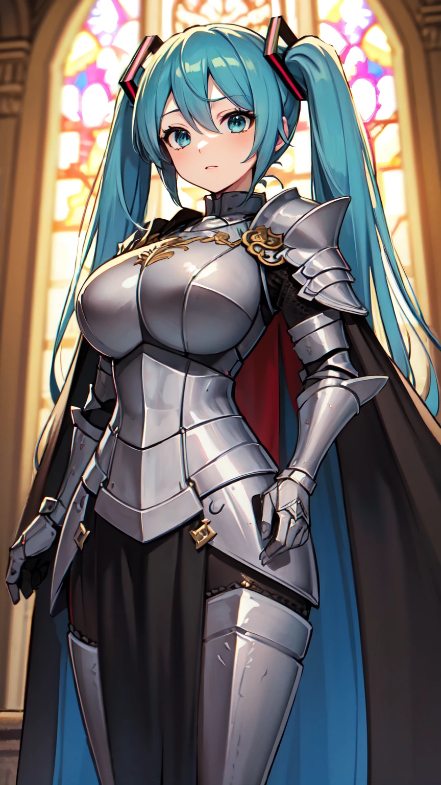 Masterpiece, Top Quality, 8K Hatsune Miku VOCALOID, 1Woman, Big Breasts, Equipped with a Cloak, ((Dragon Armor)), {{Full Armor}}, ((Knight Armor)), Black Tights, Church