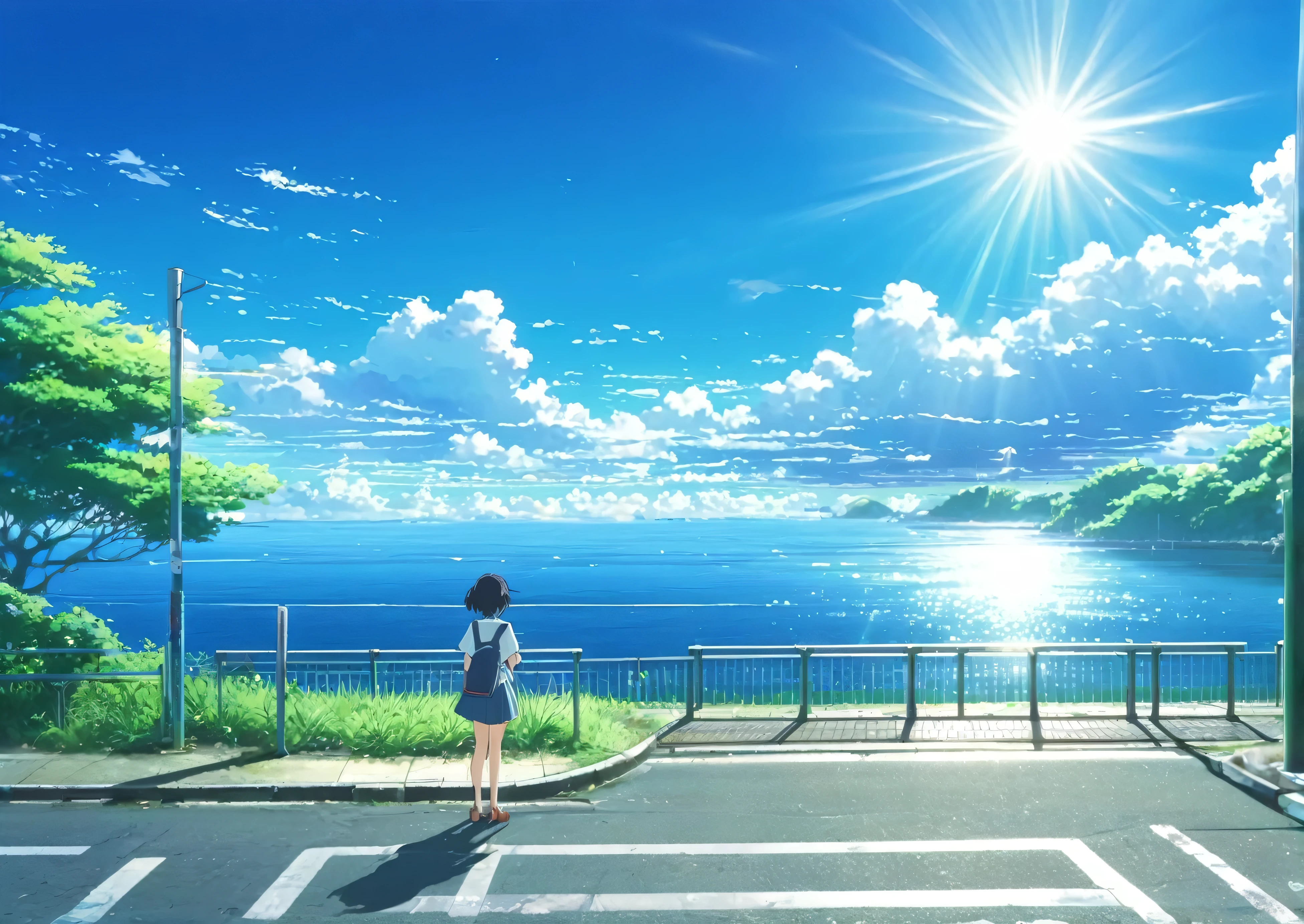 bright々and pouring sunlight、train、Embankment、A young girl waiting for a bus、Local bus stop、、Small countryside scene、Embankment沿い、a picture of the sky with cloud and sun shining in the background, beautifull puffy cloud, anime sky, blue sea. by makoto shinkai, beautiful anime scenery, Space Sky. by makoto shinkai, anime. by makoto shinkai, by makoto shinkai, by makoto shinkai, ( ( Makoto Shinkai ) ), anime scenery, anime atmospheric, style of Makoto Shinkai, Makoto Shinkai. —h 2160, Makoto Shinkai. Attention to detail, wallpaper anime blue water, Bright Sky、Heaven Background, cloud. Fantasy, anime landscape wallpaper, Makoto Shinkai art style.(Quality-8k)