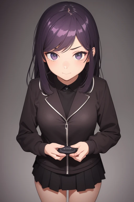 ((artwork, Best quality)), studio lighting, (1 girl), (Alone), (female focus), (stand:1.3), (looking forward: 1.3), front camera, e-girl, girl gamer, small , tiny, uniform, shy, (very wide shot: 1.5), messy hair, gray eyes, shy look, embarrassed smile, dark circles, tired, exhausted, dark purple hair, digital art, concept art, vibrant colors, best quality, 8k , high resolution, ultra-detailed, anatomically correct
