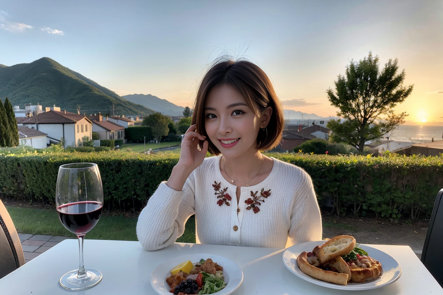 (Realistic:1.1),(masterpiece,Highest quality),8k,(49 years old), 53 years old, ベリーslimボディ、slimカップル、Tight waist,Upper Body,full-course dinner、wine 、Amazing view of the sunset sky and clouds、Perfect Anatomy, Brown Hair, short hair,Random Hairstyles,((Highly detailed face and eyes:1.2)),Perfect golden ratio face,Long sleeve shirt、dress,(smile:1.2)、Shortcuts、cute、(Realistic, Intricate details:1.2), A bright smile、short hair,Bright Face、赤wine 、Appetizers、Italian food、wine bottle、Champagne、スパークリングwine、(slimな顔), (The body is slim), (Brown Hair), (Shortcuts), Upper Body, 白wine, slim, wineグラス,