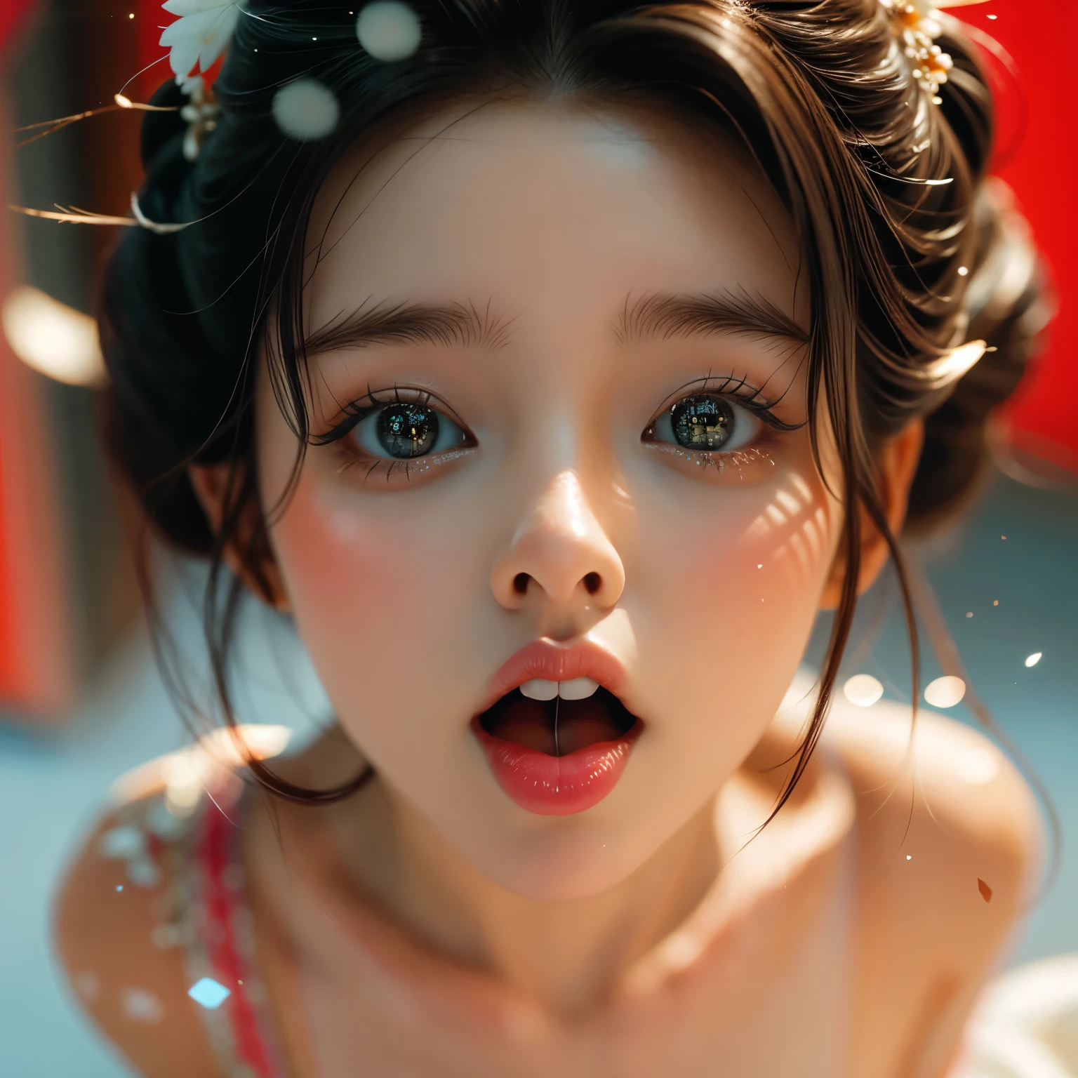 ExtremelyDetailed Kawaii Face of a TinyGirl, (CloseUp of Sweet Inner Mouth) glossy lips with beautiful details, Coquettish tongue Moves as if Kissing(Kissing to camera), extremely delicate and beautiful (8K TopQuality Masterpiece of Ultra-detailed(ProfessionalPhoto:1.37)), {Amazing|finely detail|official art|incredibly absurdres} (close-up:1.22), fish eye lens (wide lens) macro lens, Detailed reflective Eyes ElaboratePupils with (sparkling highlights:1.28) (Delicate Voluminous LongEyelashes:0.88), {(from Above:1.28)|Visible back of throat|String of saliva drip|(naked shoulder:1.32)}, (Dripping juice on tongue:1.23) snow particles