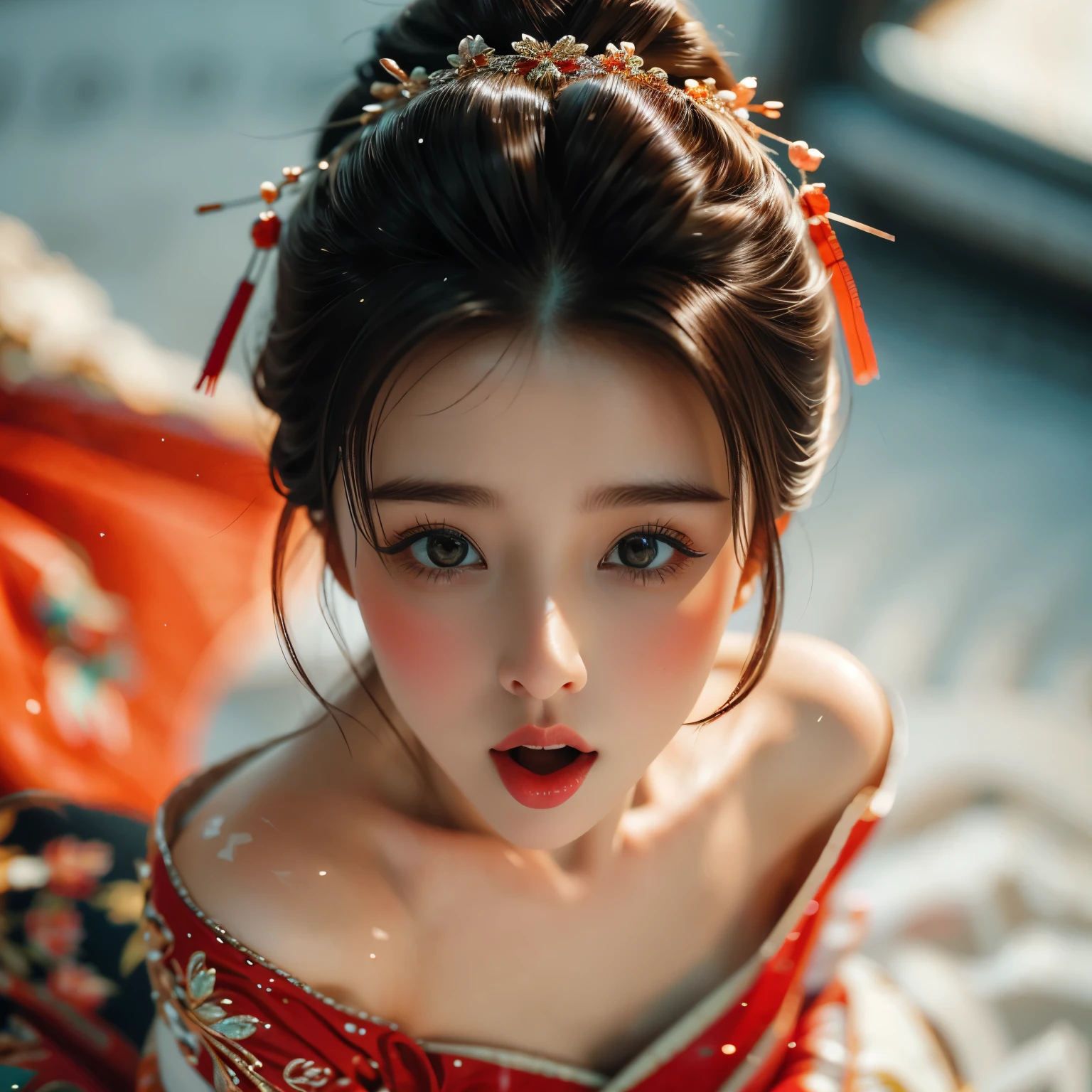 ExtremelyDetailed Kawaii Face of a TinyGirl, (CloseUp of Sweet Inner Mouth) glossy lips with beautiful details, Coquettish tongue Moves as if Kissing(Kissing to camera), extremely delicate and beautiful (8K TopQuality Masterpiece of Ultra-detailed(ProfessionalPhoto:1.37)), {Amazing|finely detail|official art|incredibly absurdres} (close-up:1.22), fish eye lens (wide lens) macro lens, Detailed reflective Eyes ElaboratePupils with (sparkling highlights:1.28) (Delicate Voluminous LongEyelashes:0.88), {(from Above:1.28)|Visible back of throat|String of saliva drip|(naked shoulder:1.32)}, (Dripping juice on tongue:1.23) snow particles 
