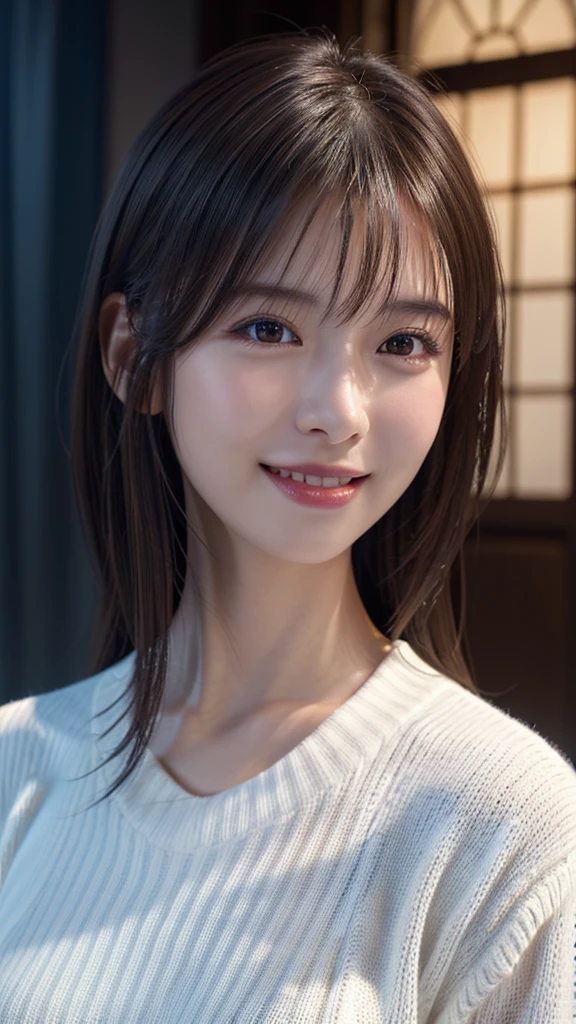 1 Japanese girl,(White sweater:1.4), (RAW Photos, highest quality), (Realistic, Realistic:1.4), Tabletop, Very delicate and beautiful, Very detailed, 8k wallpaper, wonderful, In detail, Very detailedなCG Unity, High resolution, Soft Light, Beautiful details 19 years old, Very detailedな目と顔, Beautiful and sophisticated nose, Beautiful details,Cinema Lighting,Perfect Anatomy,Slender body,smile  (Asymmetrical bangs,)