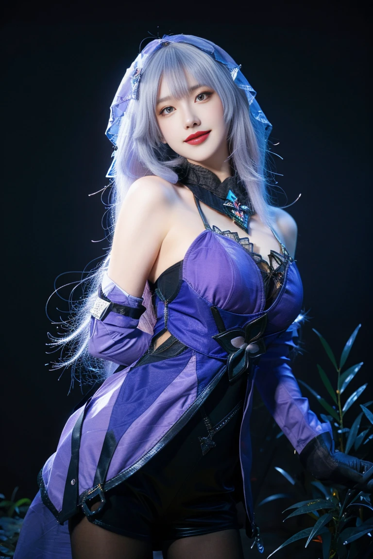    ulzzang-6500-v1.1,(raw photo:1.2),((photorealistic:1.30)), ((best quality)) ,((masterpiece)),((Ultra High Resolution)), ((Clear View)),,Ultra-high resolution,Clear face,（Reality：1.4) ,  illustration, an extremely delicate and beautiful, extremely detailed ,CG ,unity ,8k wallpaper, Amazing, finely detail, masterpiece,best quality,official art,extremely detailed CG unity 8k wallpaper,absurdres, incredibly absurdres, huge filesize, ultra-detailed, highres, extremely detailed,beautiful detailed girl, extremely detailed eyes and face, beautiful detailed eyes,light on face,cinematic lighting, 1girl, 独奏, looking at viewer, smile, standing, cowboy shot, blackswan cosplay costume, elbow gloves, cosplay, gauntlets, gloves, dress, purple dress, pantyhose, (veil), hood, shorts, (garden background:1.3), Night sky, shooting stars, meadows, trees, fallen leaves,Arms behind back, Tree,
