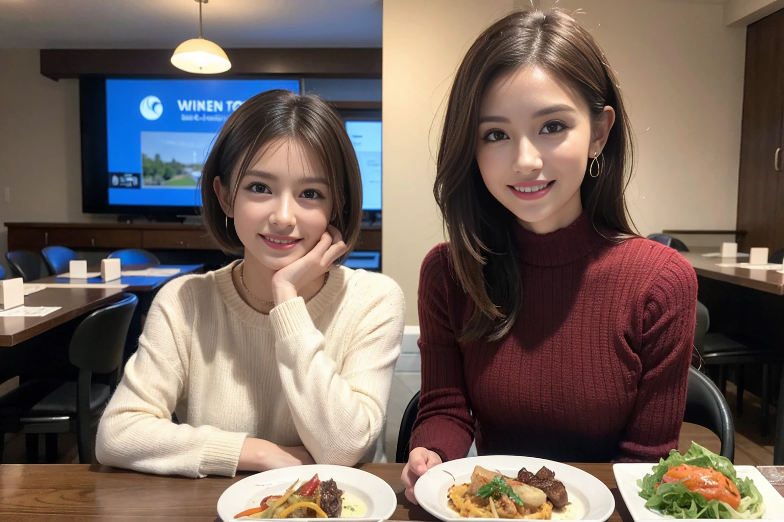 （Realistic:1.1）,(masterpiece,Highest quality)，8k,(49 years old), 53 years old, ベリーslimボディ、slimカップル、Tight waist,Upper Body,full-course dinner、wine 、Amazing view of the sunset sky and clouds、Perfect Anatomy, Brown Hair, short hair,Random Hairstyles,((Highly detailed face and eyes:1.2))，Perfect golden ratio face，Long sleeve shirt、dress,(smile:1.2)、Shortcuts、cute、(Realistic, Intricate details:1.2), A bright smile、short hair,Bright Face、赤wine 、Appetizers、Italian food、wine bottle、Champagne、スパークリングwine、(slimな顔), (The body is slim), (Brown Hair), (Shortcuts),  Upper Body, 白wine, slim, wineグラス, 