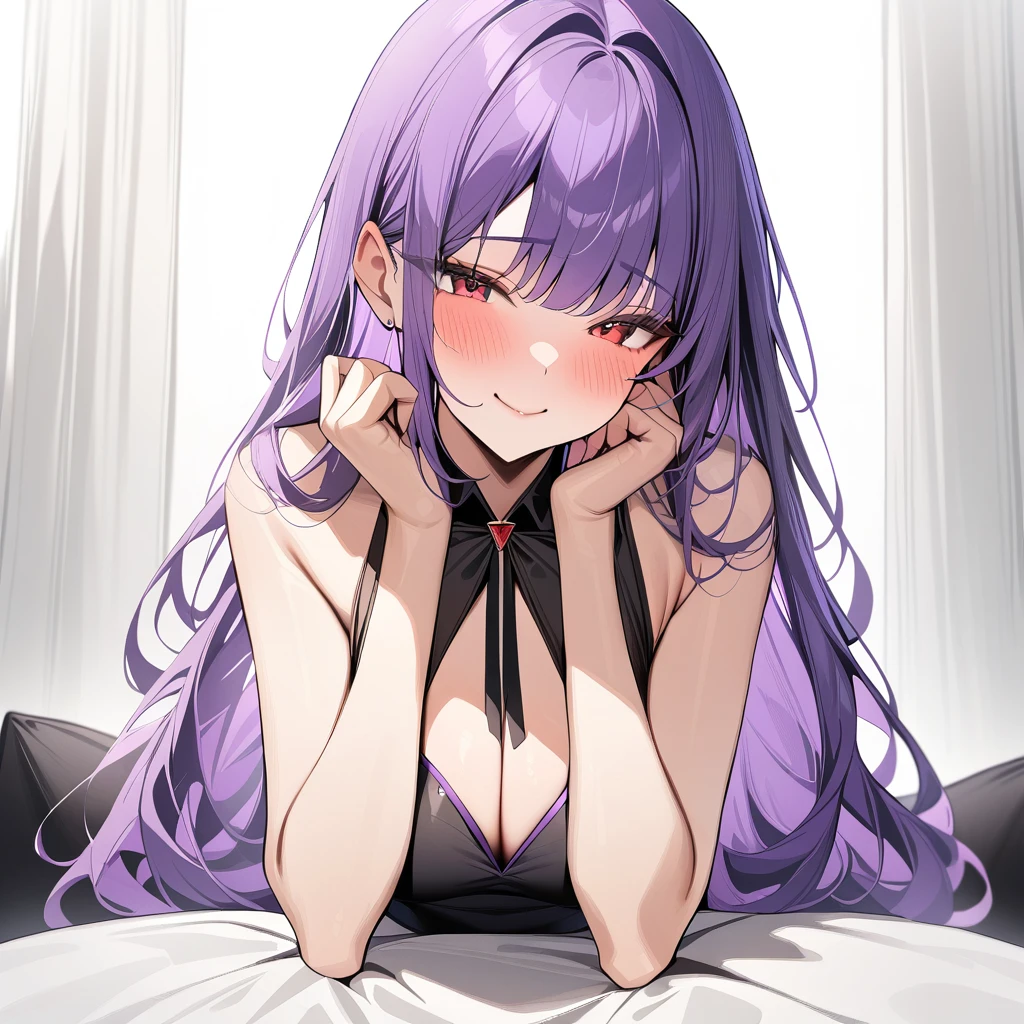 1girl, white background, red eyes, long hair, purple hair, bangs, call girl costume, closed mouth, smile, blush, masterpiece, best quality, very aesthetic, absurdres