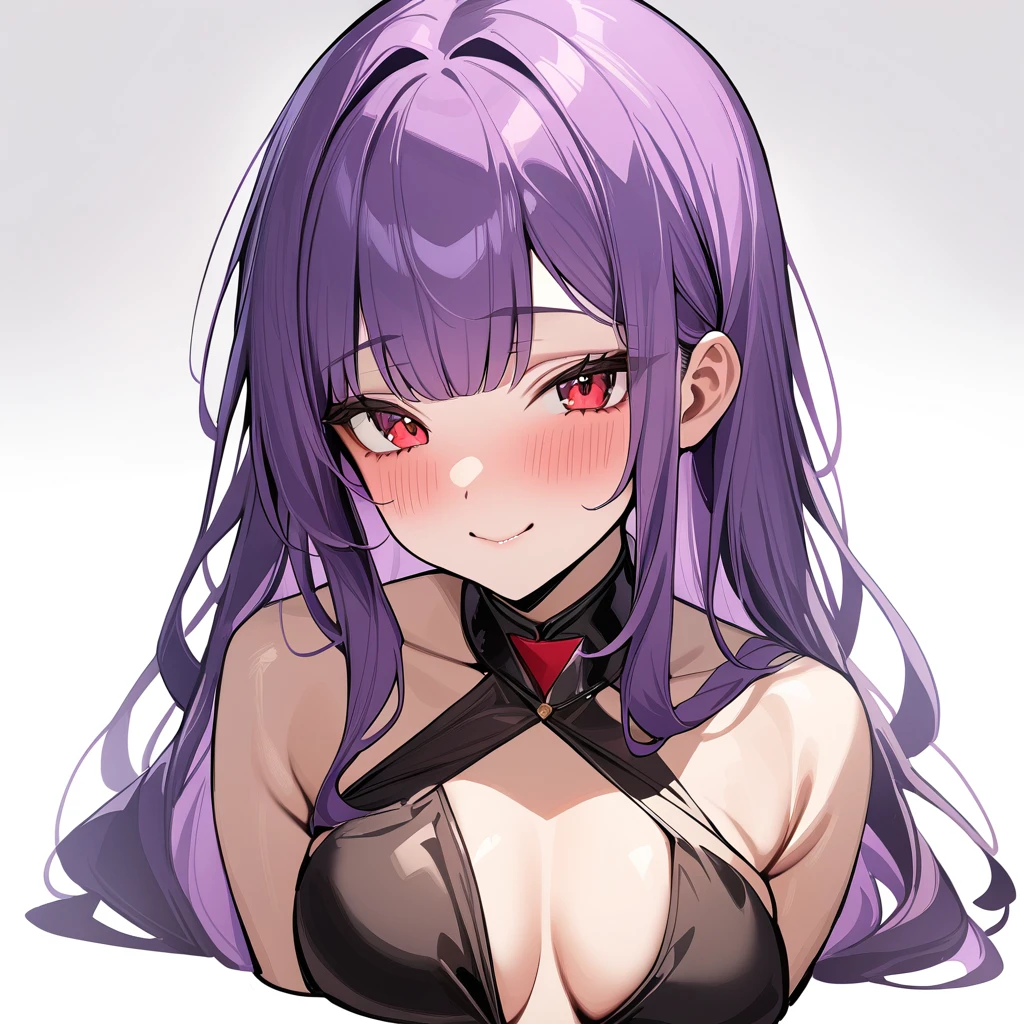 1girl, white background, red eyes, long hair, purple hair, bangs, call girl costume, closed mouth, smile, blush, masterpiece, best quality, very aesthetic, absurdres