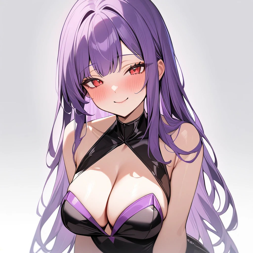 1girl, white background, red eyes, long hair, purple hair, bangs, call girl costume, closed mouth, smile, blush, masterpiece, best quality, very aesthetic, absurdres