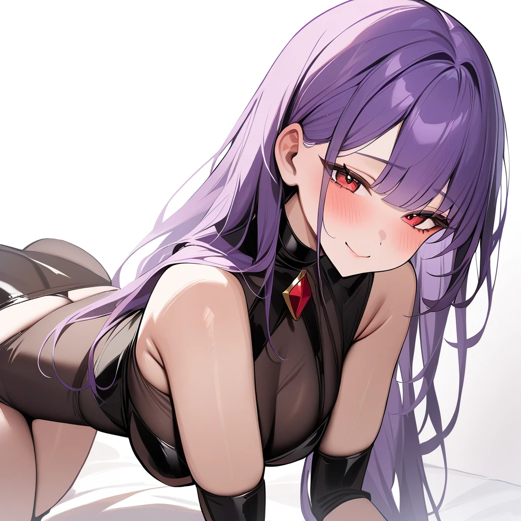 1girl, white background, red eyes, long hair, purple hair, bangs, call girl costume, closed mouth, smile, blush, masterpiece, best quality, very aesthetic, absurdres