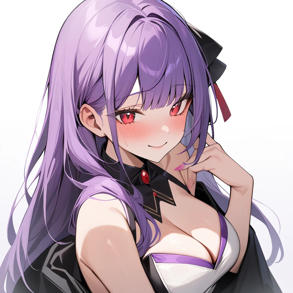 1girl, white background, red eyes, long hair, purple hair, bangs, call girl costume, closed mouth, smile, blush, masterpiece, best quality, very aesthetic, absurdres