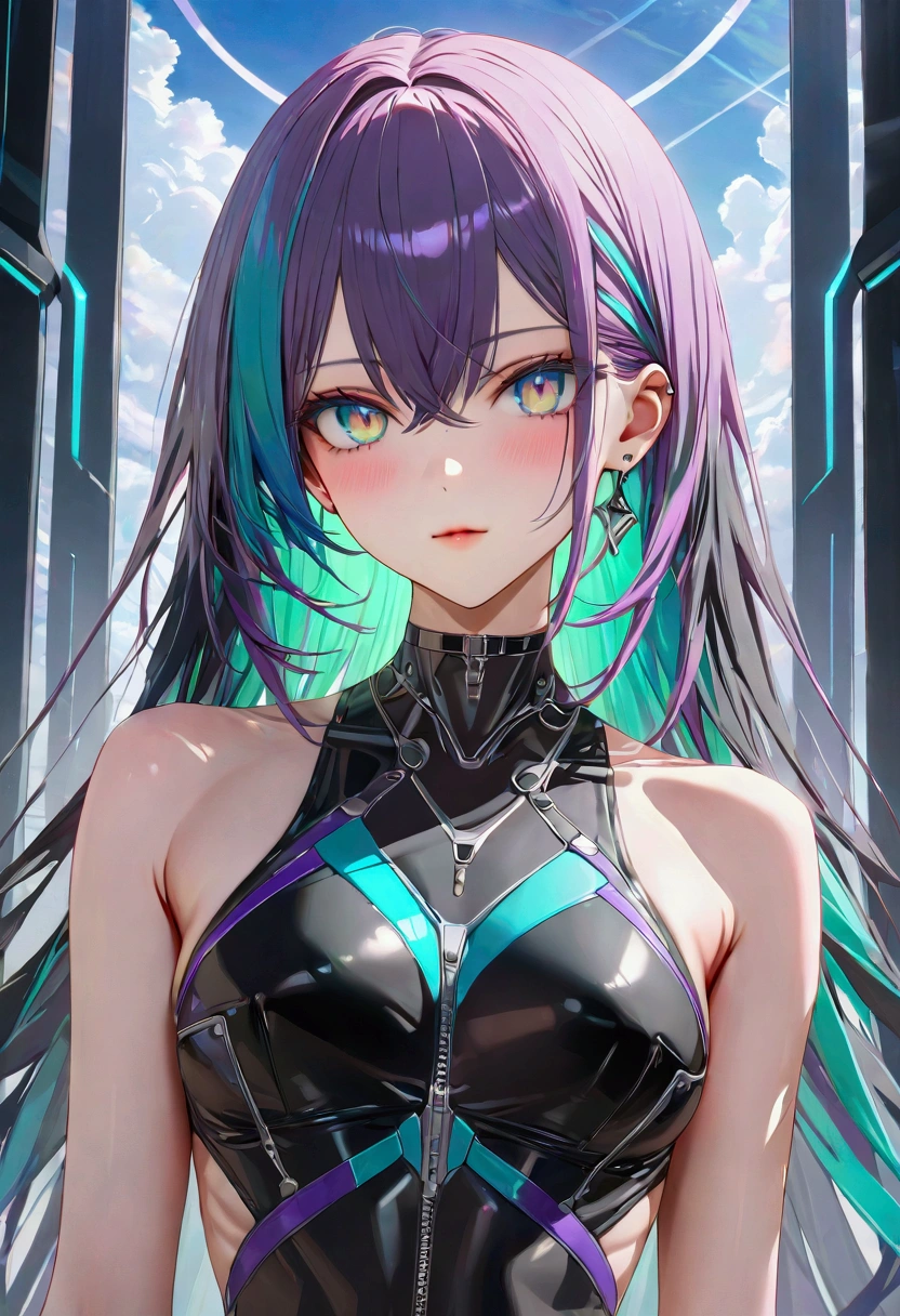 multicolored hair, mostly black purple blue green hue hair, multicolored eyes, slender and athletic built, UHD, masterpiece, super detail, best quality, 8k