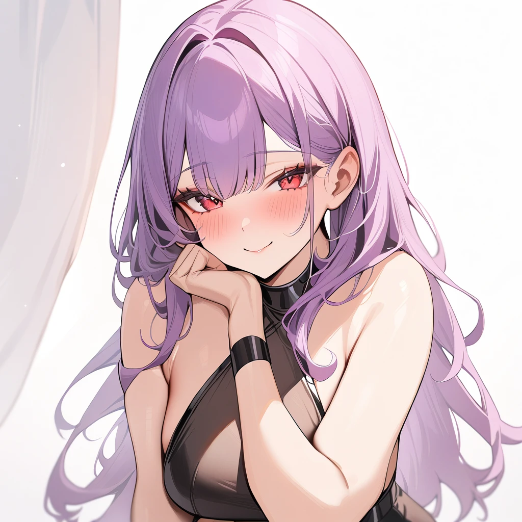 1girl, white background, red eyes, long hair, purple hair, bangs, call girl costume, closed mouth, smile, blush, masterpiece, best quality, very aesthetic, absurdres