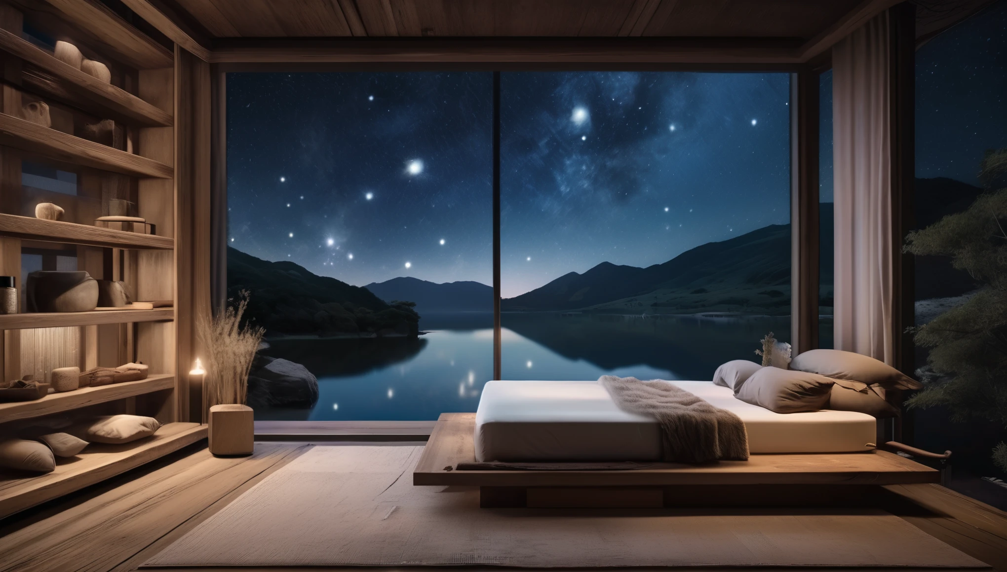 cinematic photo,mrares, ((wabi-sabi style:1.5)), (wabi-sabi_style:1.5), (Zen:1.5),(wabi-sabi elements:1.3), Create a calming, nighttime scene with soft, cool tones. The image should feature a serene bedroom setting with gentle ambient lighting. Include elements like a cozy bed, soft blankets, and a window showing a peaceful night sky with stars. Avoid any musical instruments, particularly pianos, in the design., wide angle,long-focus,depth of field, . 35mm photograph, film, bokeh, professional, 4k, highly detailed