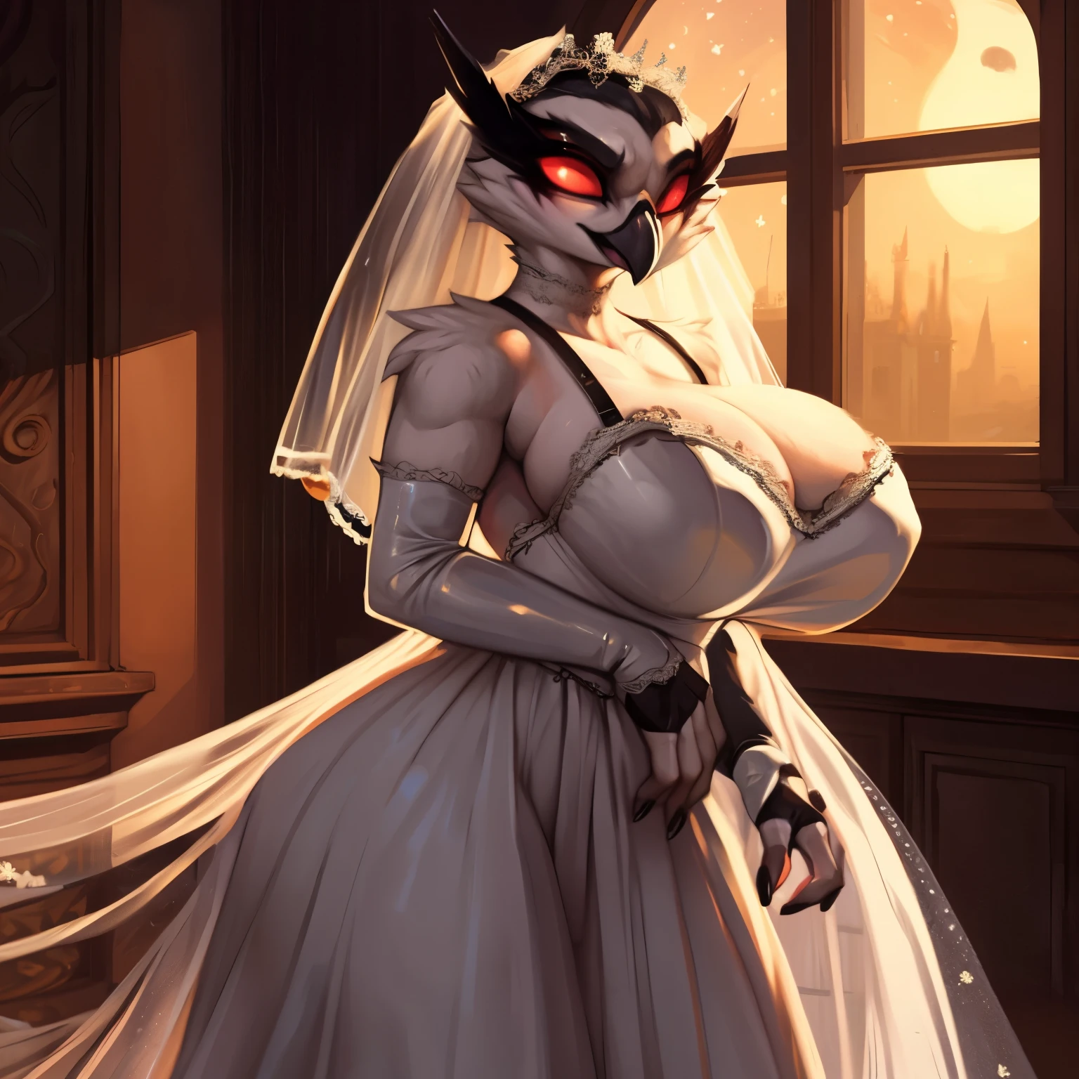 masterpiece, Best quality, (((star, an owl, huge breasts, elbow gloves, fingerless gloves,(((White wedding dress))) stardress, staroutfit, star dress, evil, evilдей))), inside, churches, deTailed face, deTailed eyes, thick thighs, wide hips, big ass, Tail, voluptuous, by usnarbit, от Zackary911, from Nextel, for dating, by honovy
